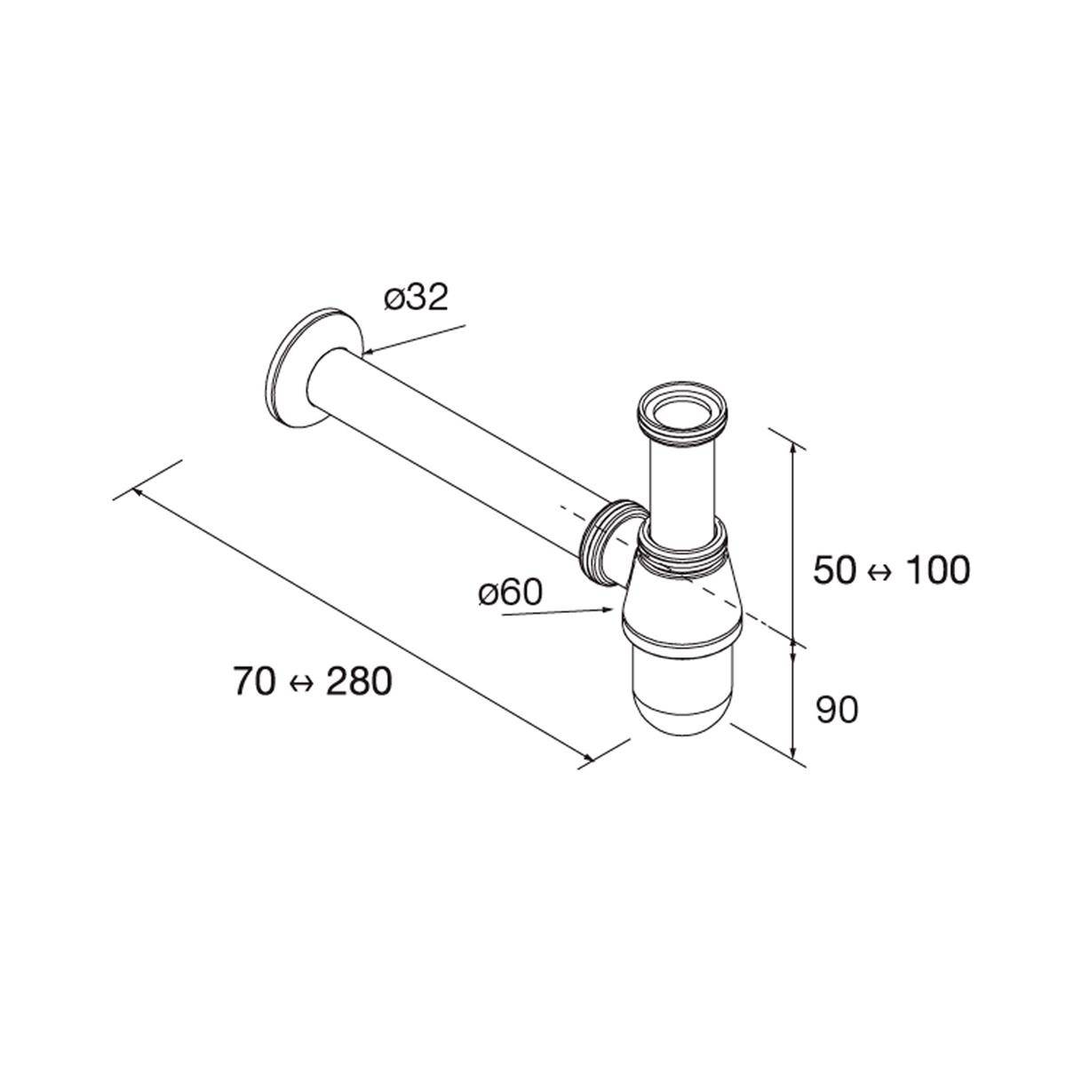 Technische Zeichnung einer Spülbeckenabflussrohr-Siphon mit Rohrdimensionen: 32 mm Einlass, 60 mm Gehäuse, verstellbare Länge von 70 bis 280 mm, Höhe von 50 bis 100 mm und 90 mm Abschnitt.