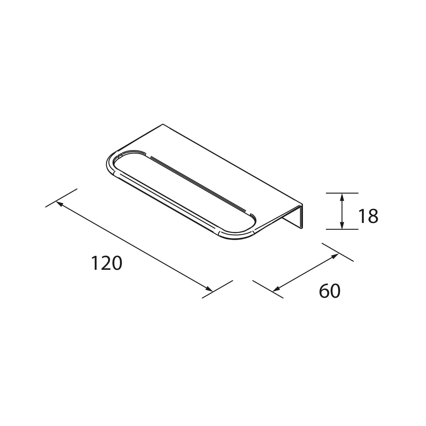 Diagramm einer Metallhalterung mit Abmessungen: Länge 120 mm, Breite 60 mm, Höhe 18 mm.