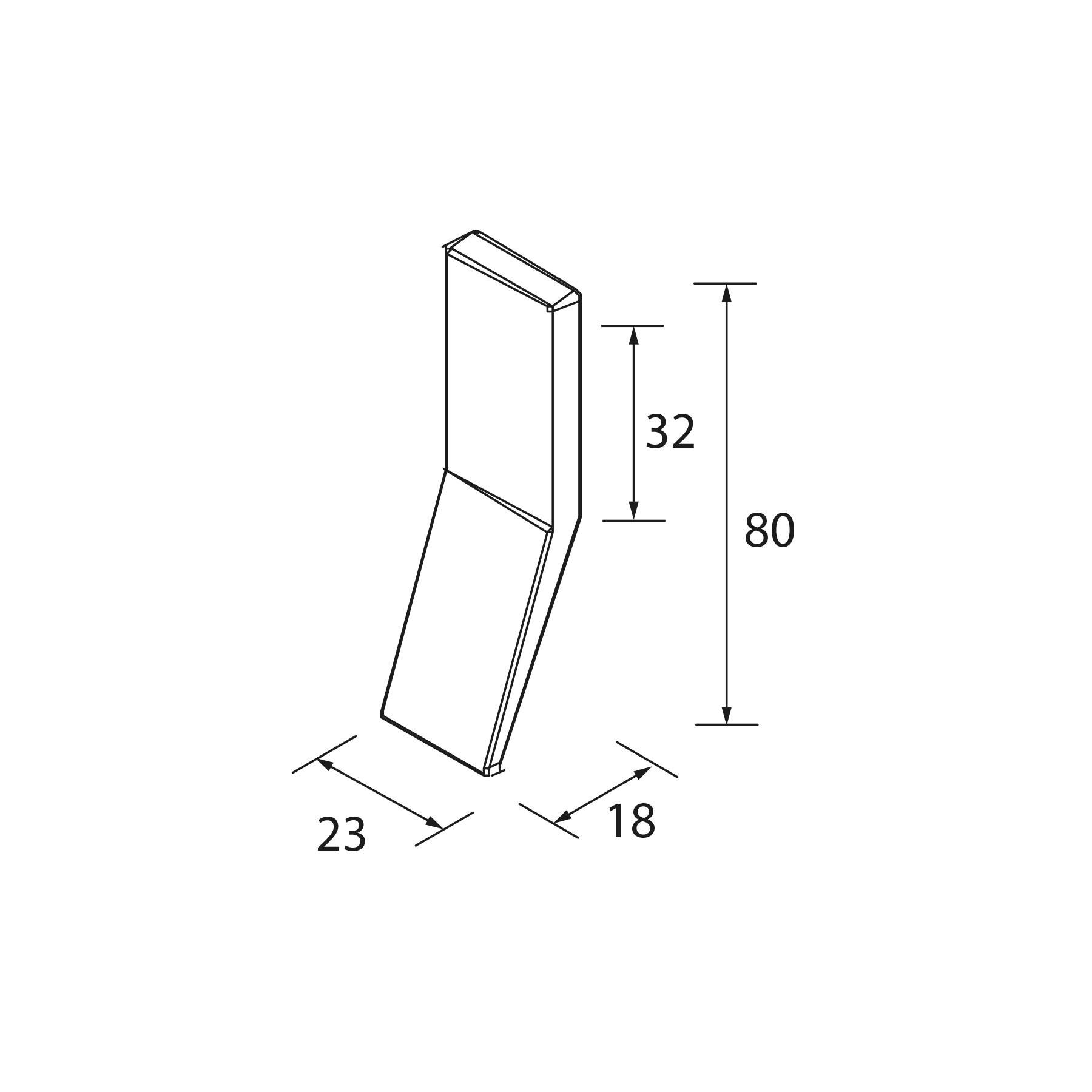 Isometrische Darstellung eines rechteckigen Objekts mit Abmessungen: 23x18 an der Basis, Höhe 80 und ein markiertes Segment von 32.
