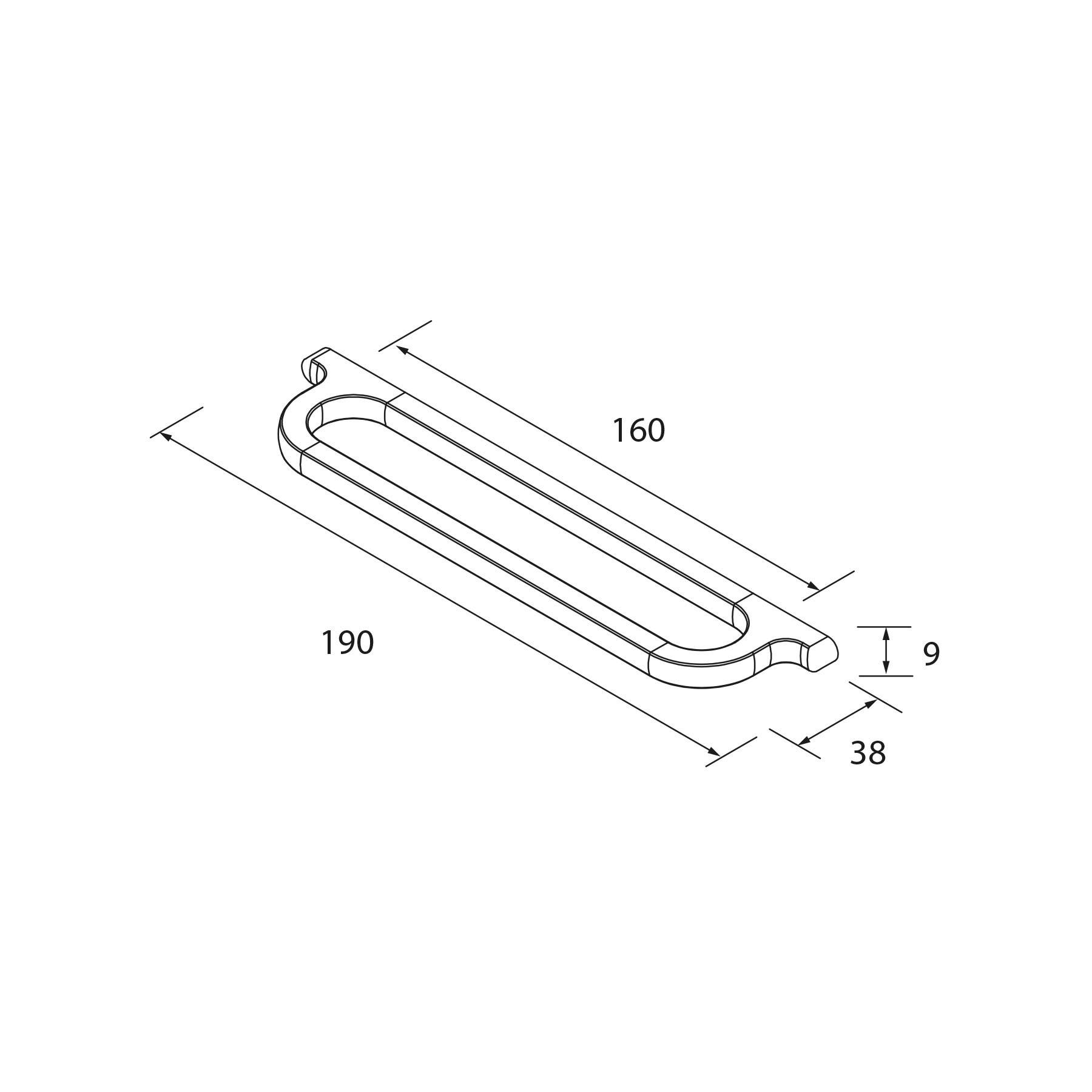Eine isometrische Zeichnung eines Griffs mit Abmessungen: 190 mm lang, 38 mm breit, 9 mm dick und 160 mm zwischen Befestigungspunkten.