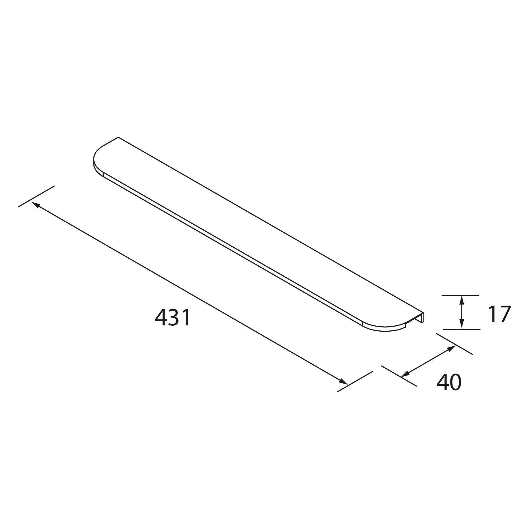 Eine technische Zeichnung eines rechteckigen Objekts mit abgerundeten Kanten, mit beschrifteten Abmessungen: Länge 431 Einheiten, Breite 40 Einheiten, Höhe 17 Einheiten.