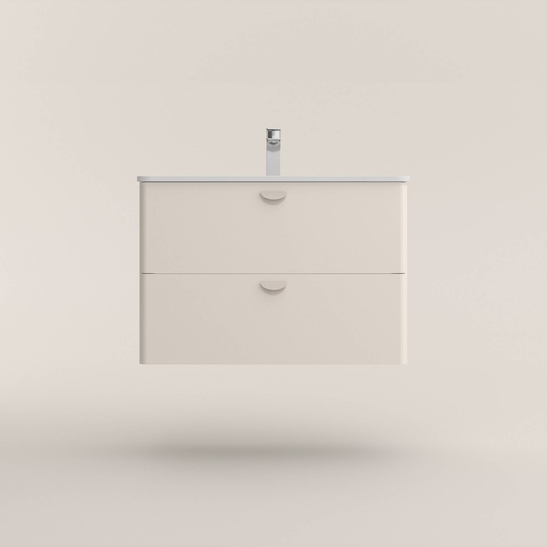 Ein minimalistischer, hellgefärbter schwebender Badezimmerschrank mit zwei Schubladen und einem mittig platzierten Wasserhahn oben, vor einem schlichten Hintergrund.