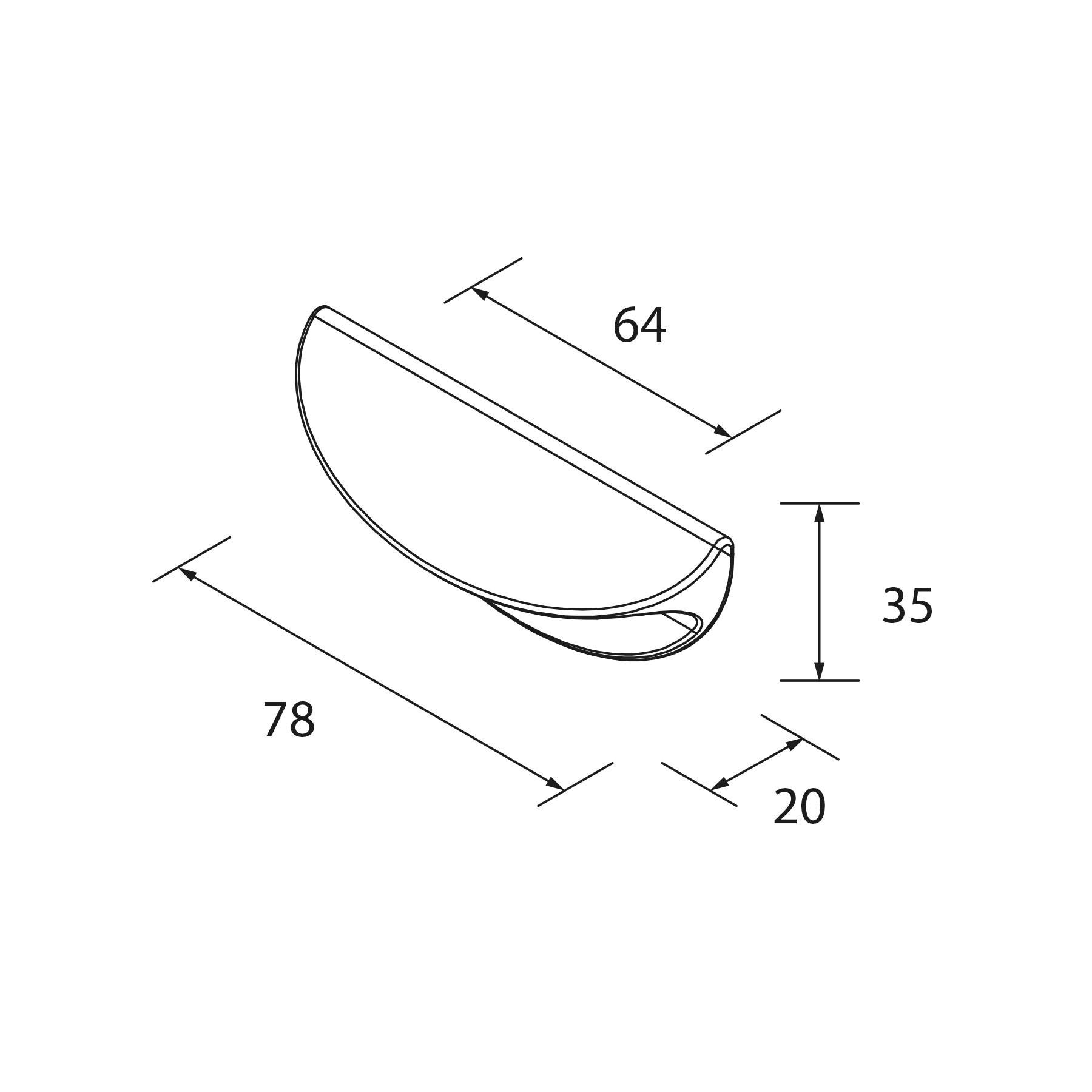 Eine Linienzeichnung eines Griffs mit folgenden Abmessungen: Gesamtlänge 78 mm, Breite 64 mm, Höhe 35 mm und Grifftiefe 20 mm.