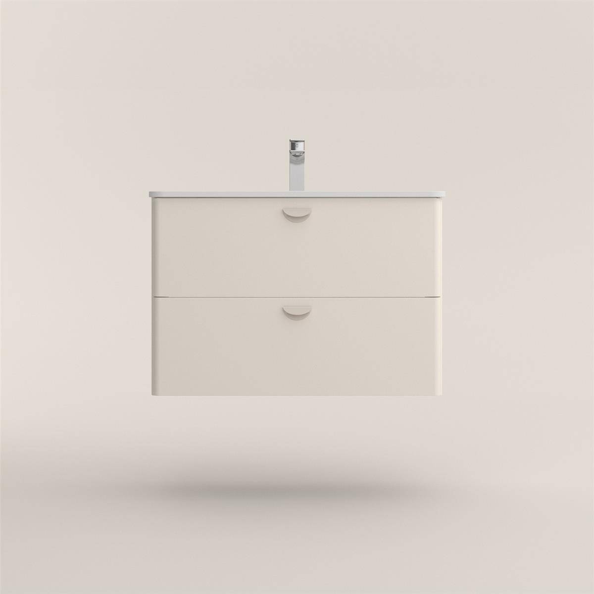 Minimalistischer, wandmontierter Badezimmerwaschtischschrank in hellem Beige mit einer zentriert angebrachten Spülarmatur und zwei Schublädenfronten, dargestellt vor einem einfachen Hintergrund.