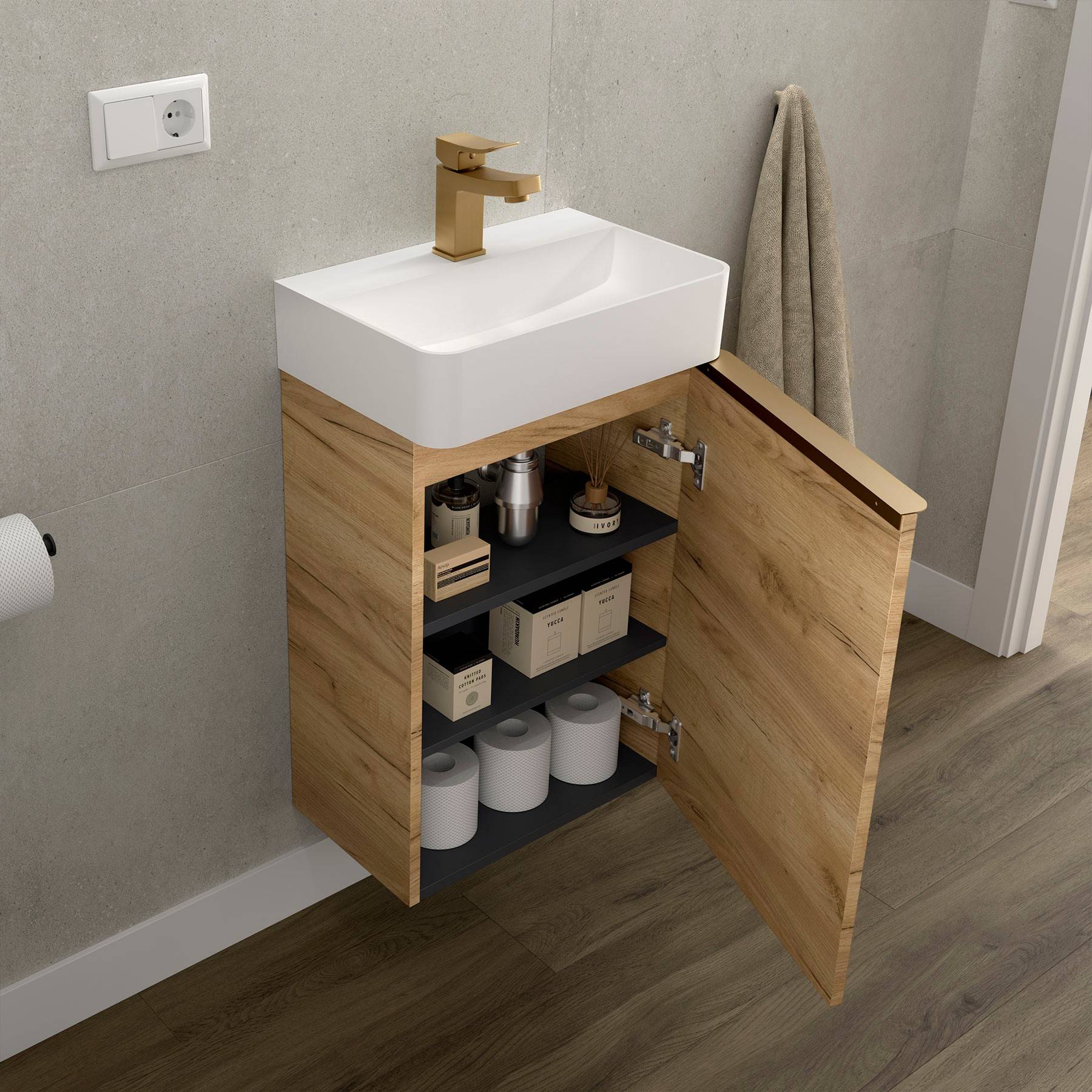 Ein modernes Badezimmer-Waschtisch mit einem quadratischen Waschbecken, goldenem Wasserhahn und einem Holzschrank zum Aufbewahren von Toilettenartikeln und Toilettenpapier. Ein beige Handtuch hängt in der Nähe.