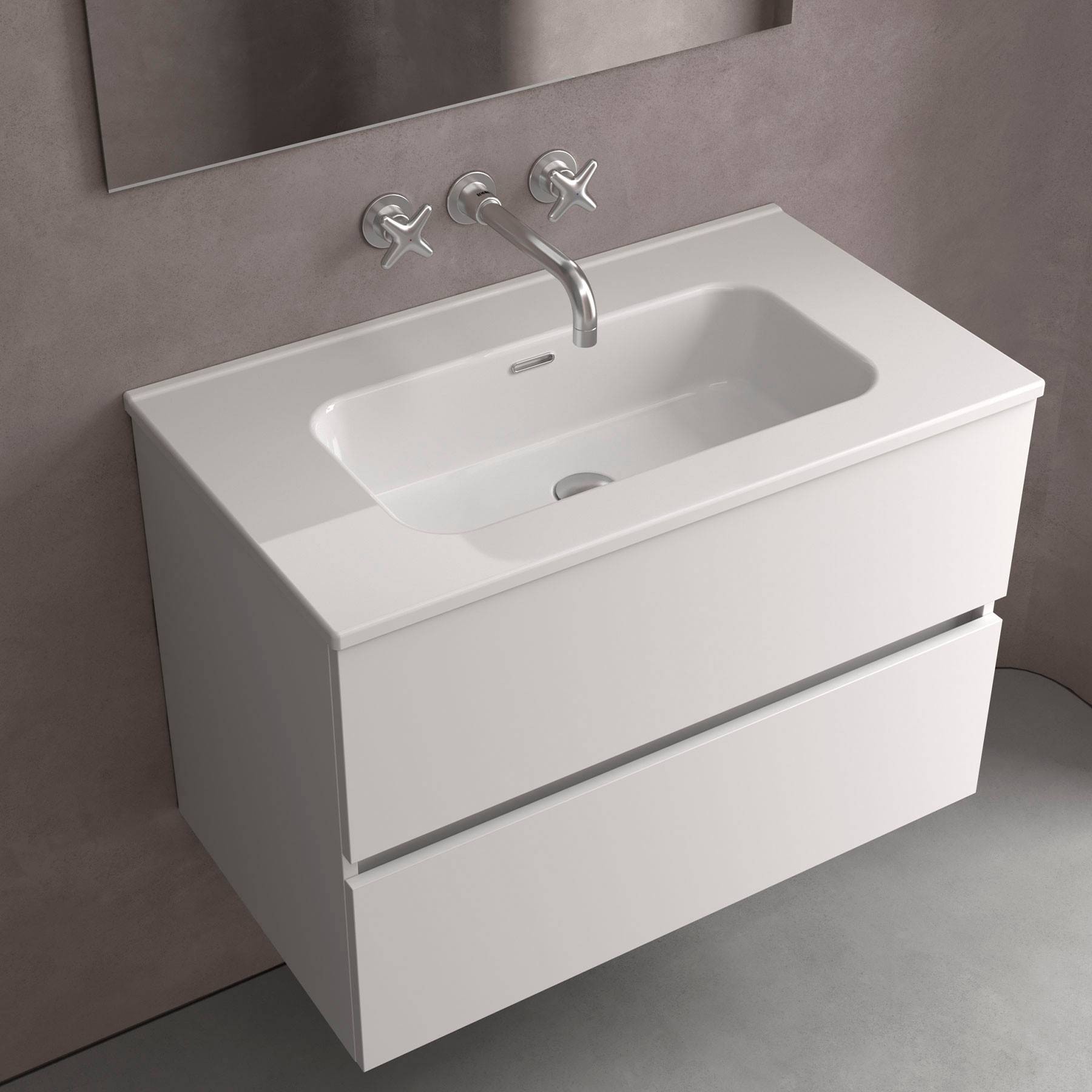 Ein modernes weißes rechteckiges Waschbecken mit integrierten Doppelschubladen ist unter einem Wandspiegel montiert und verfügt über einen eleganten Chrom-Wasserhahn.