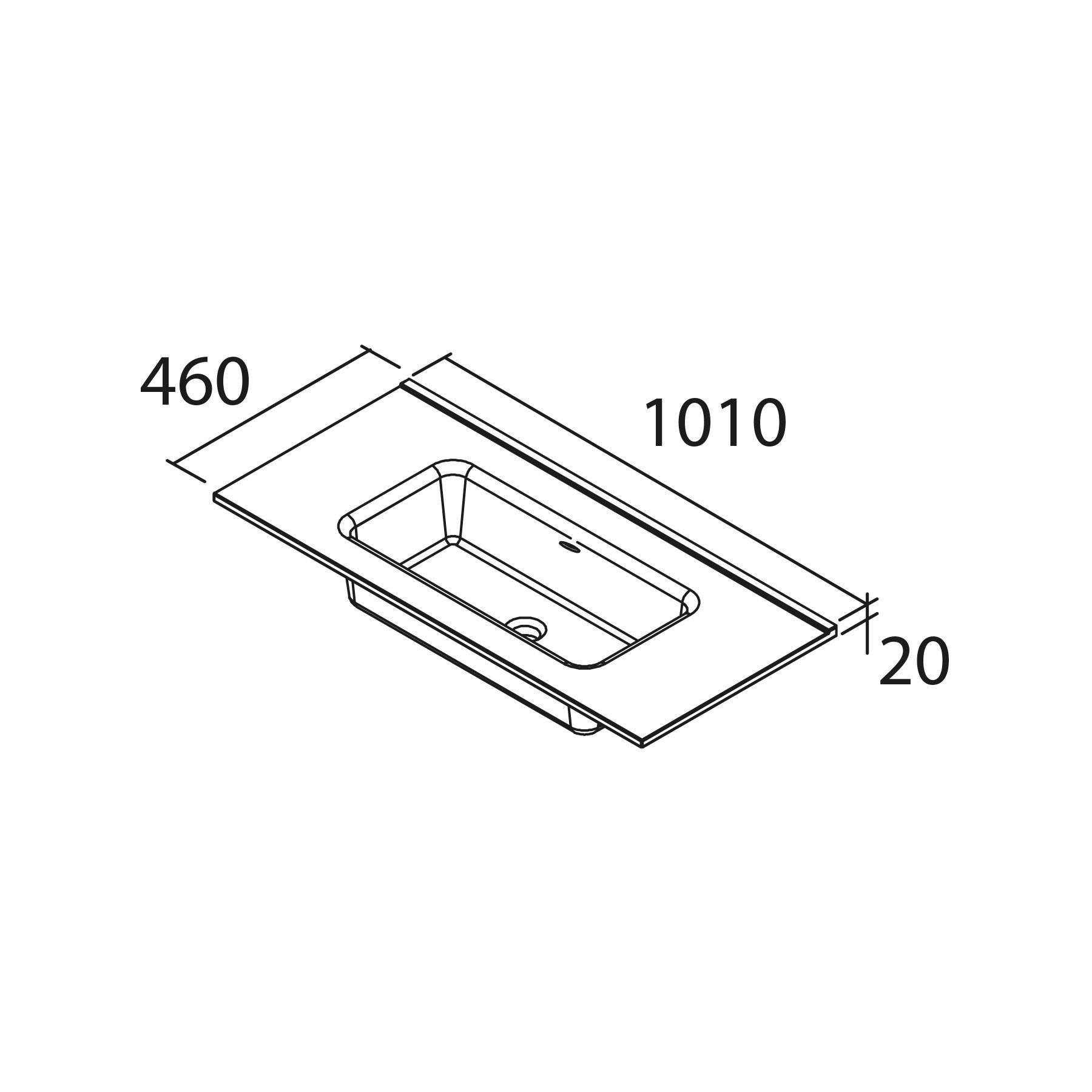 Eine Linienzeichnung eines rechteckigen Waschbeckens mit Abmessungen: 460 mm Breite, 1010 mm Länge und 20 mm Tiefe. Geeignet für die Badezimmerinstallation.