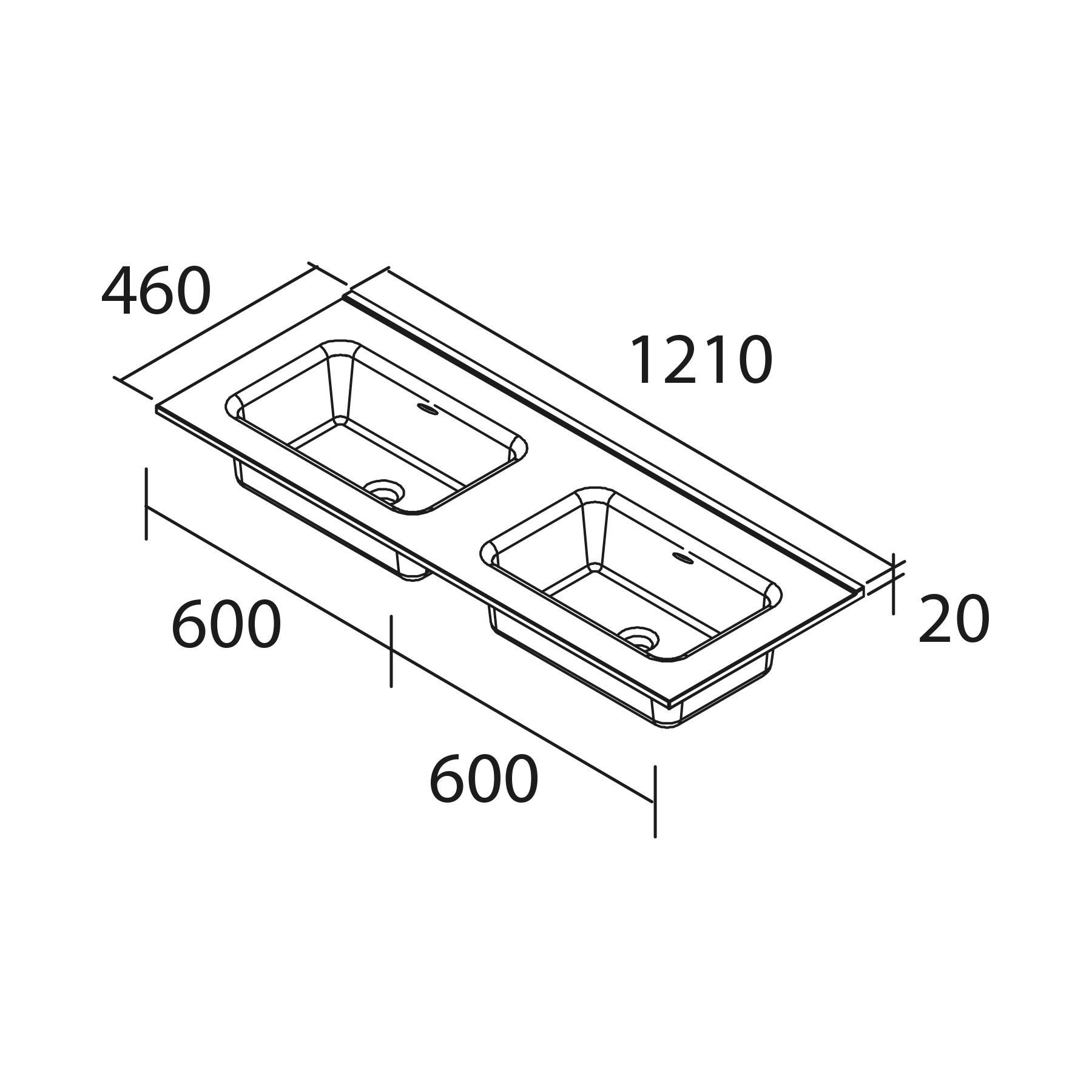 Technische Zeichnung eines Doppelspülbeckens mit Abmessungen: 1210 mm (Breite), 460 mm (Tiefe) und 20 mm (Randhhöhe). Jedes Becken ist 600 mm breit.
