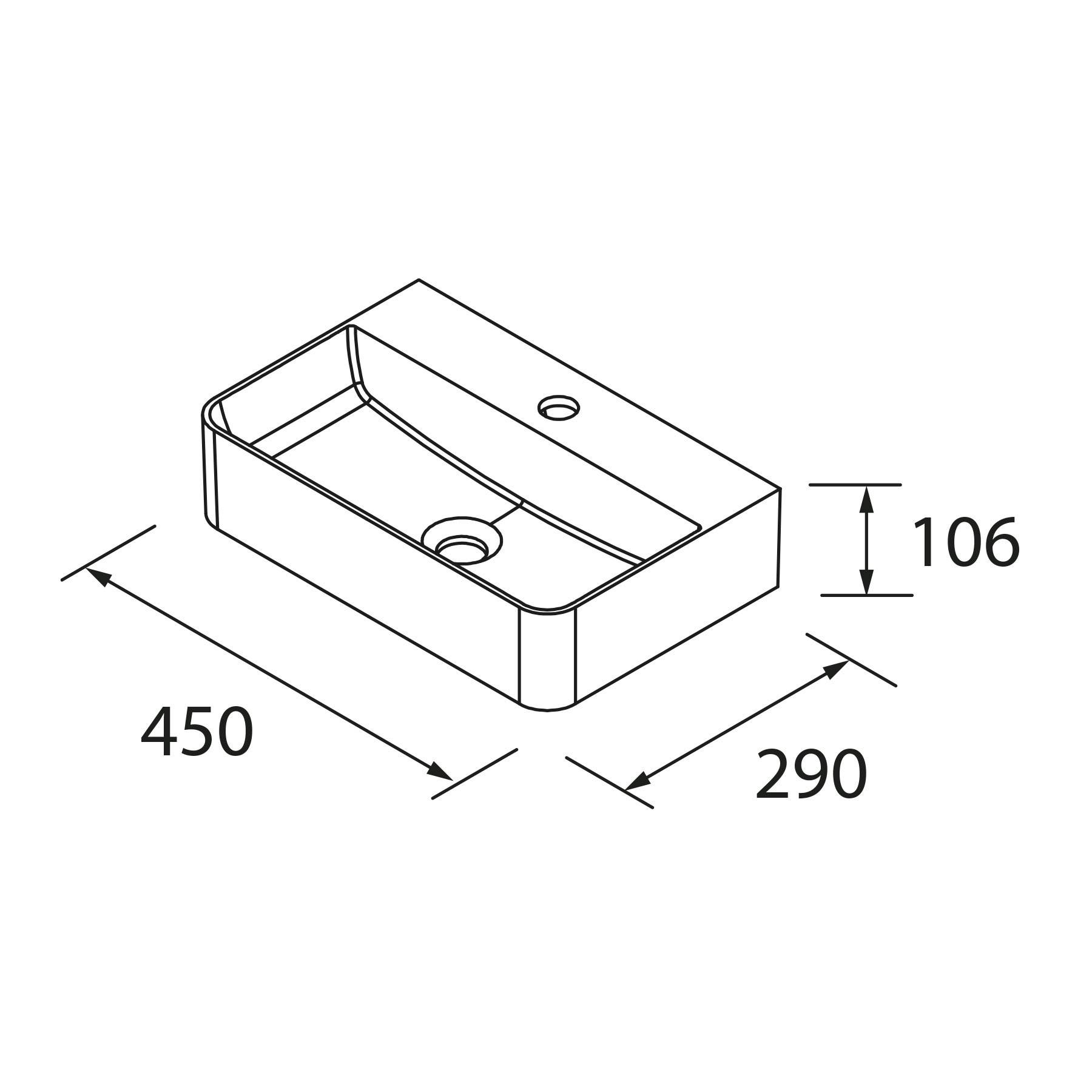 Isometrische Darstellung eines rechteckigen Waschbeckens mit Abmessungen: 450 mm Breite, 290 mm Tiefe und 106 mm Höhe.