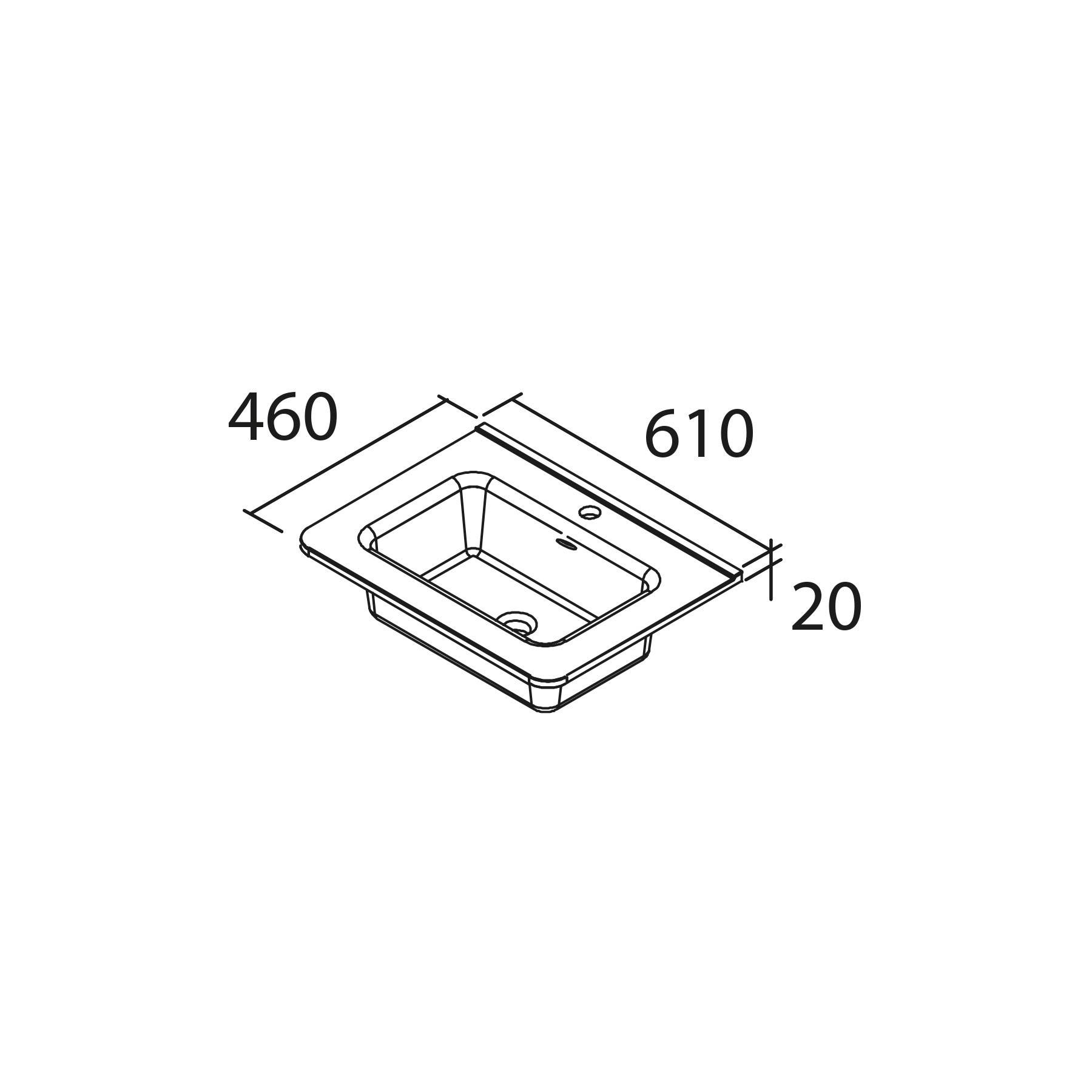 Diagramm eines rechteckigen Waschbeckens mit Abmessungen: Breite 460 mm, Länge 610 mm und Tiefe 20 mm, von oben in einem Winkel betrachtet.