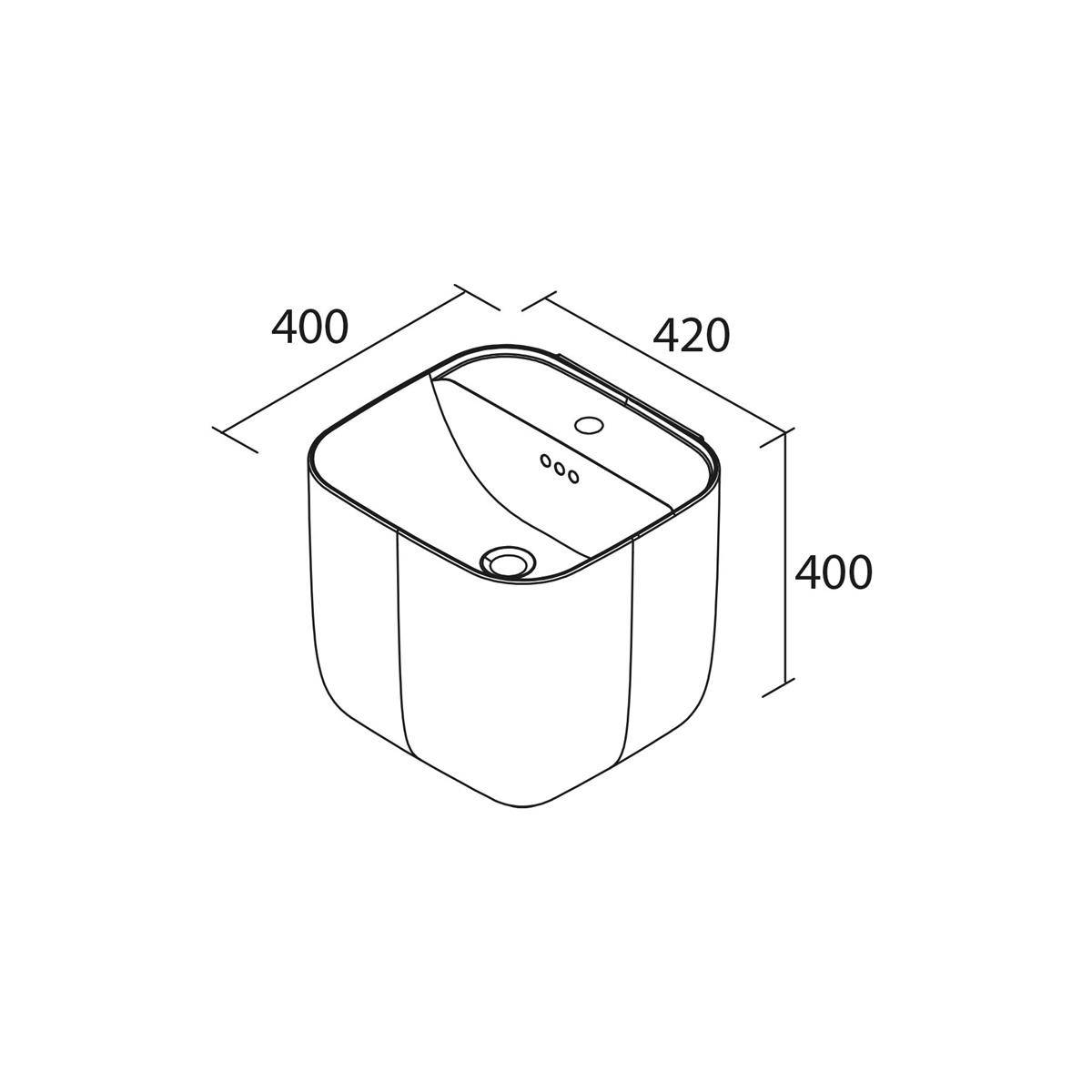 Technische Linienzeichnung eines quadratischen Beckens oder Waschbeckens mit abgerundeten Ecken, in perspektivischer Darstellung mit den Abmessungen 420 breit × 400 tief × 400 hoch.