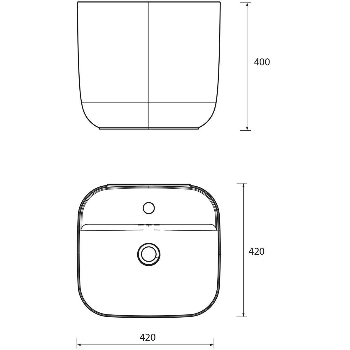 Technische Zeichnung einer gerundeten rechteckigen wandmontieren Einheit, dargestellt in Vorder- und Seitenansicht, mit beschrifteten Maßen von 420 mm Breite und 420/400 mm Höhe.