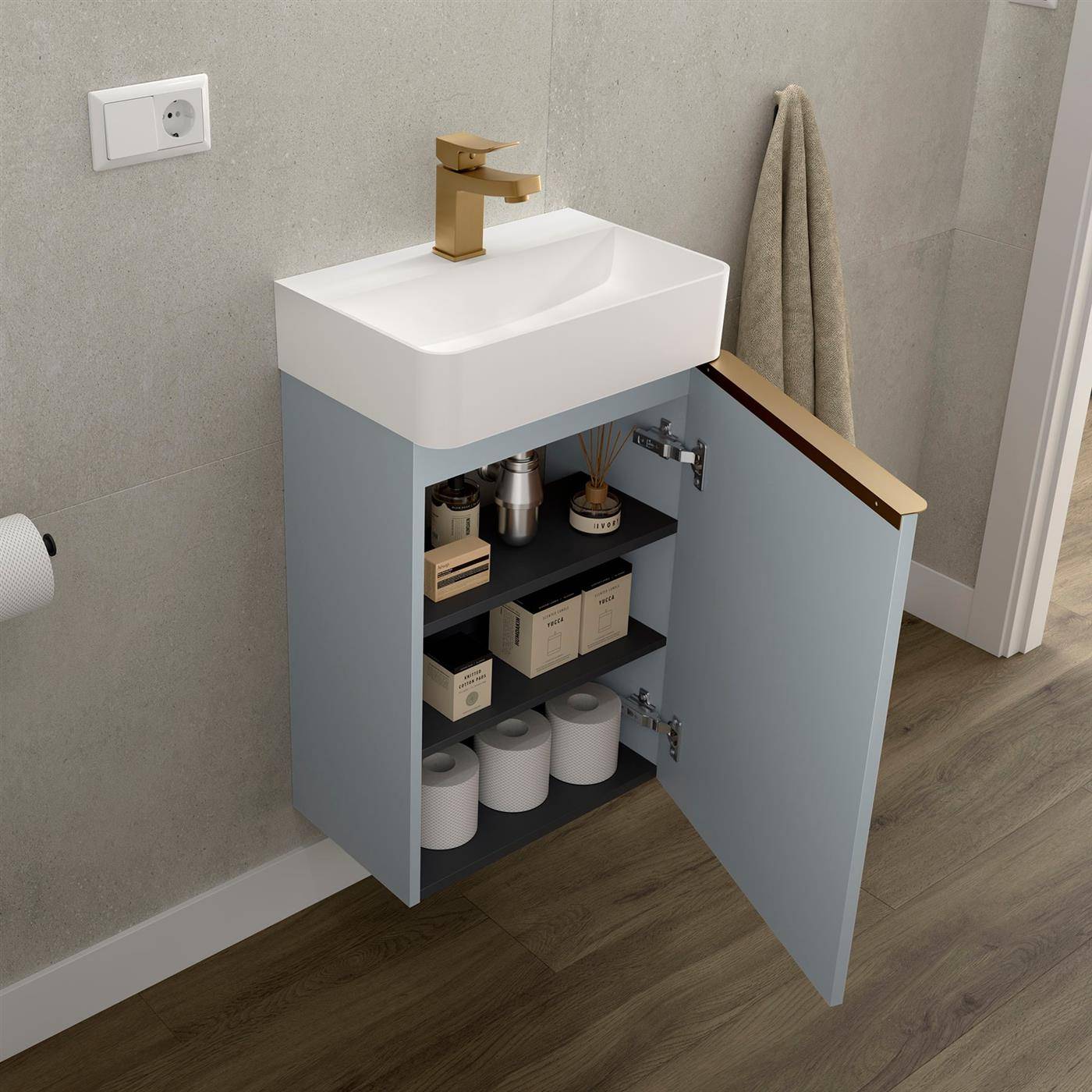 Modernes Badezimmer-Waschtisch mit offenem Schrank, der Toilettenartikel und Toilettenpapierrollen unter einem Waschbecken zeigt, wobei die Tür leicht geöffnet ist.