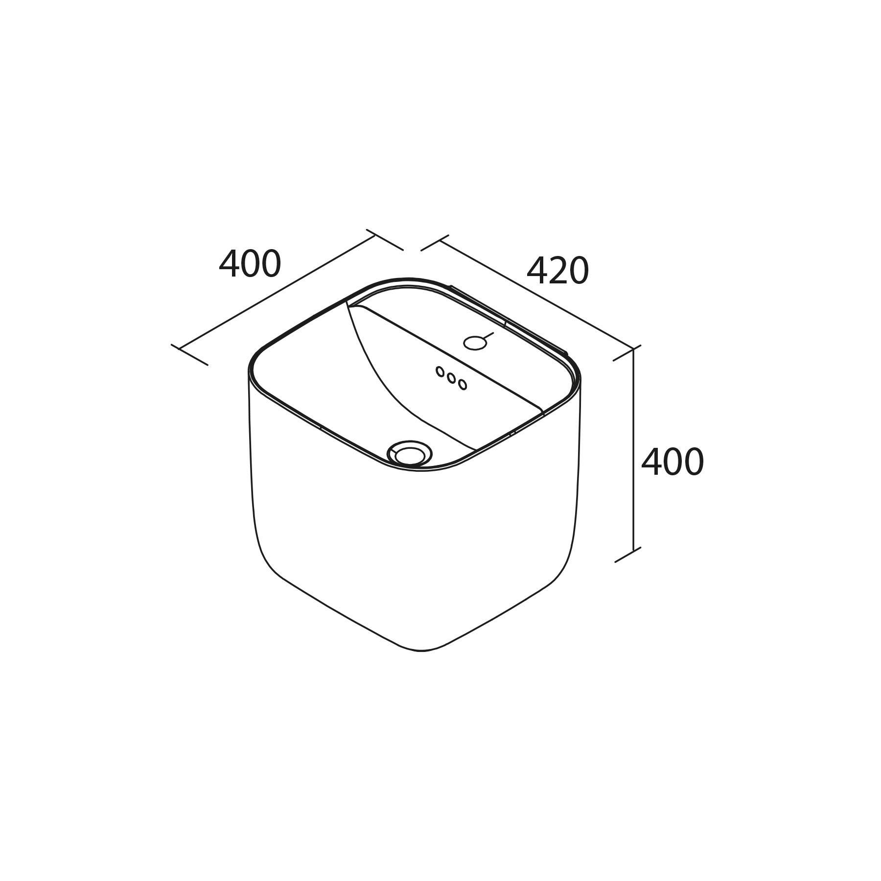 Eine Linienzeichnung eines quadratischen Waschbeckens mit Abmessungen: Breite 420 mm, Tiefe und Höhe 400 mm, mit Überlaufloch und Ablaufbohrung.