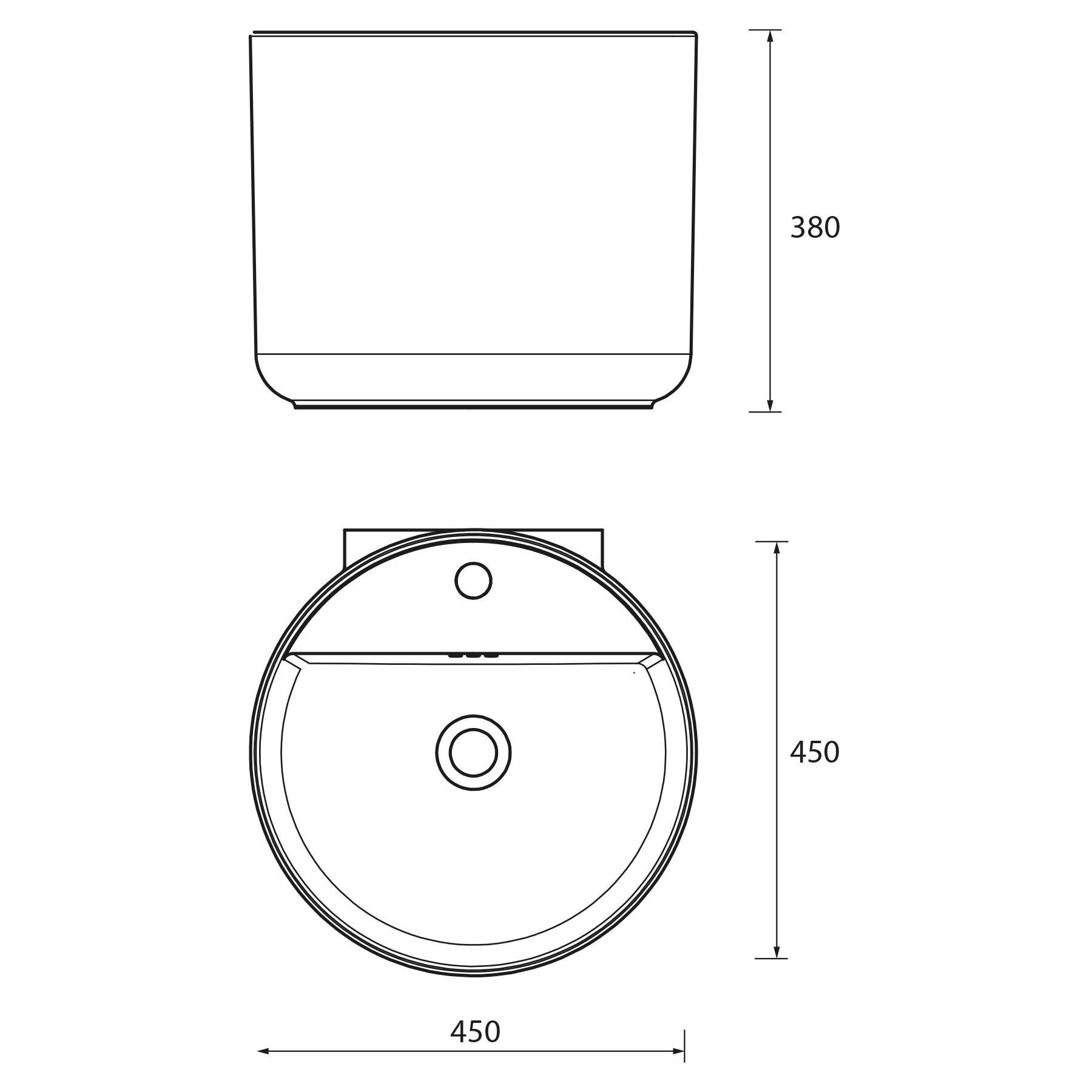 Diagramm eines runden Waschbeckens mit Abmessungen: 450 mm Durchmesser, 380 mm Höhe und 450 mm Breite. Draufsicht und Seitenansicht dargestellt.
