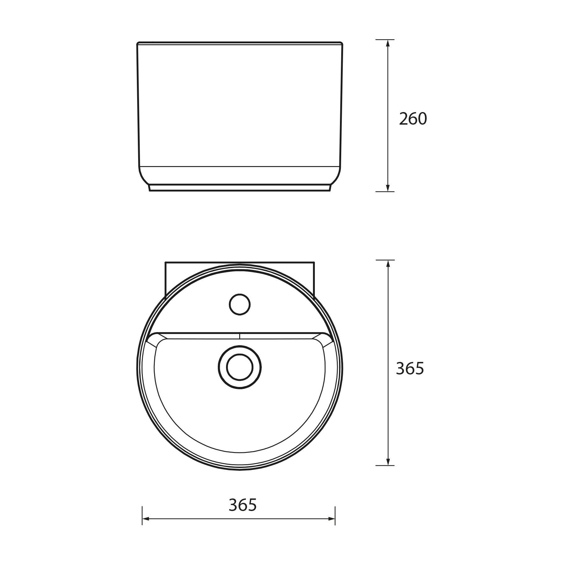Ansichts- und Seitenansichtsdiagramme eines kreisförmigen Waschbeckens mit einem Durchmesser von 365 mm und einer Höhe von 260 mm.