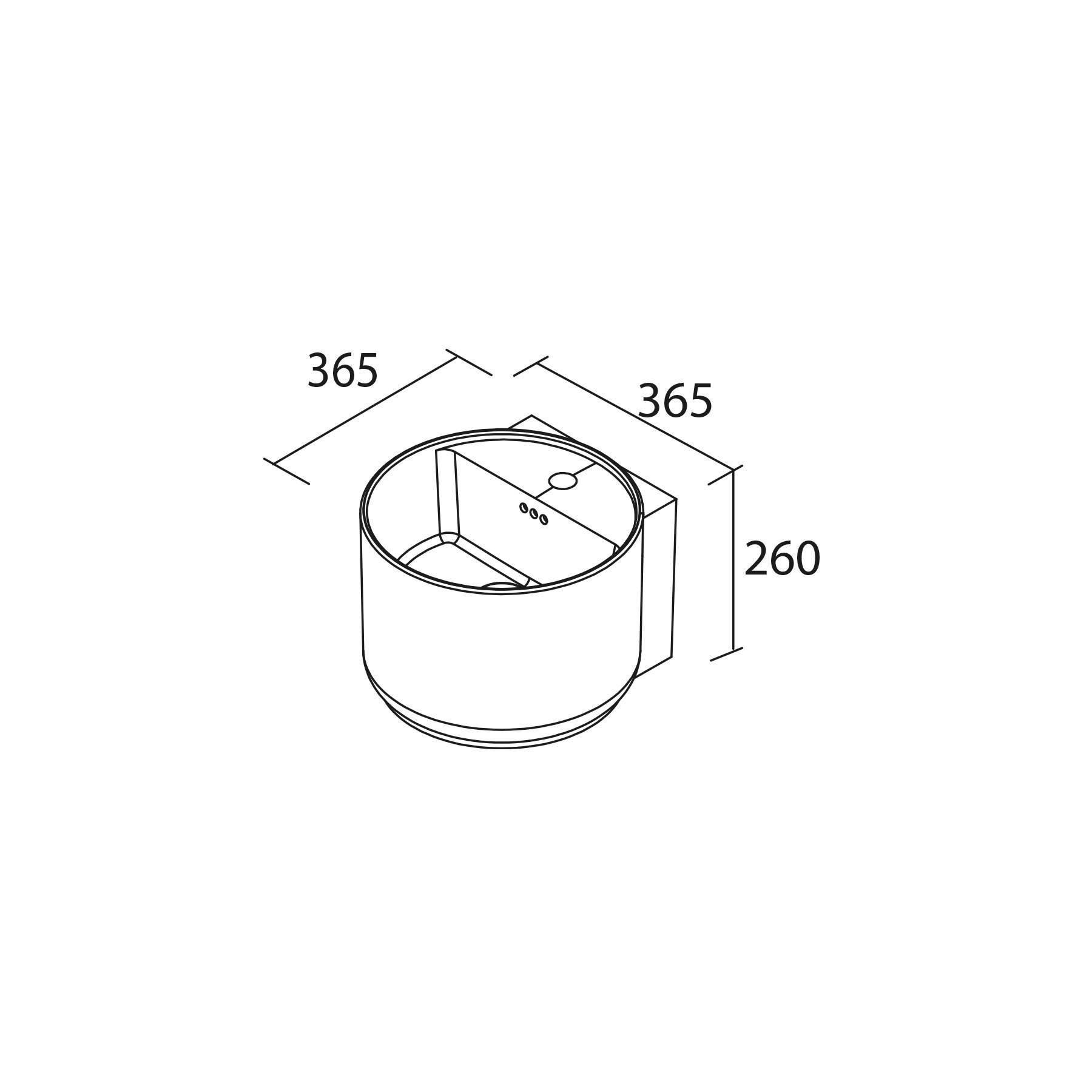 Technische Zeichnung eines kreisförmigen Waschbeckens mit Abmessungen: 365 mm Breite und Tiefe, 260 mm Höhe.