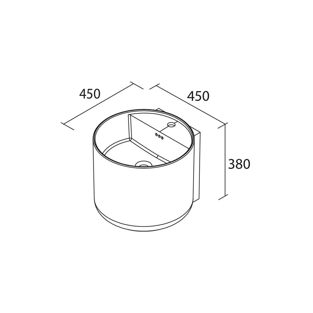 Isometrische technische Zeichnung eines zylindrischen Behälters oder Beckens mit den Abmessungen 450 x 450 x 380, die eine interne Trennwand und Armaturen zeigt.
