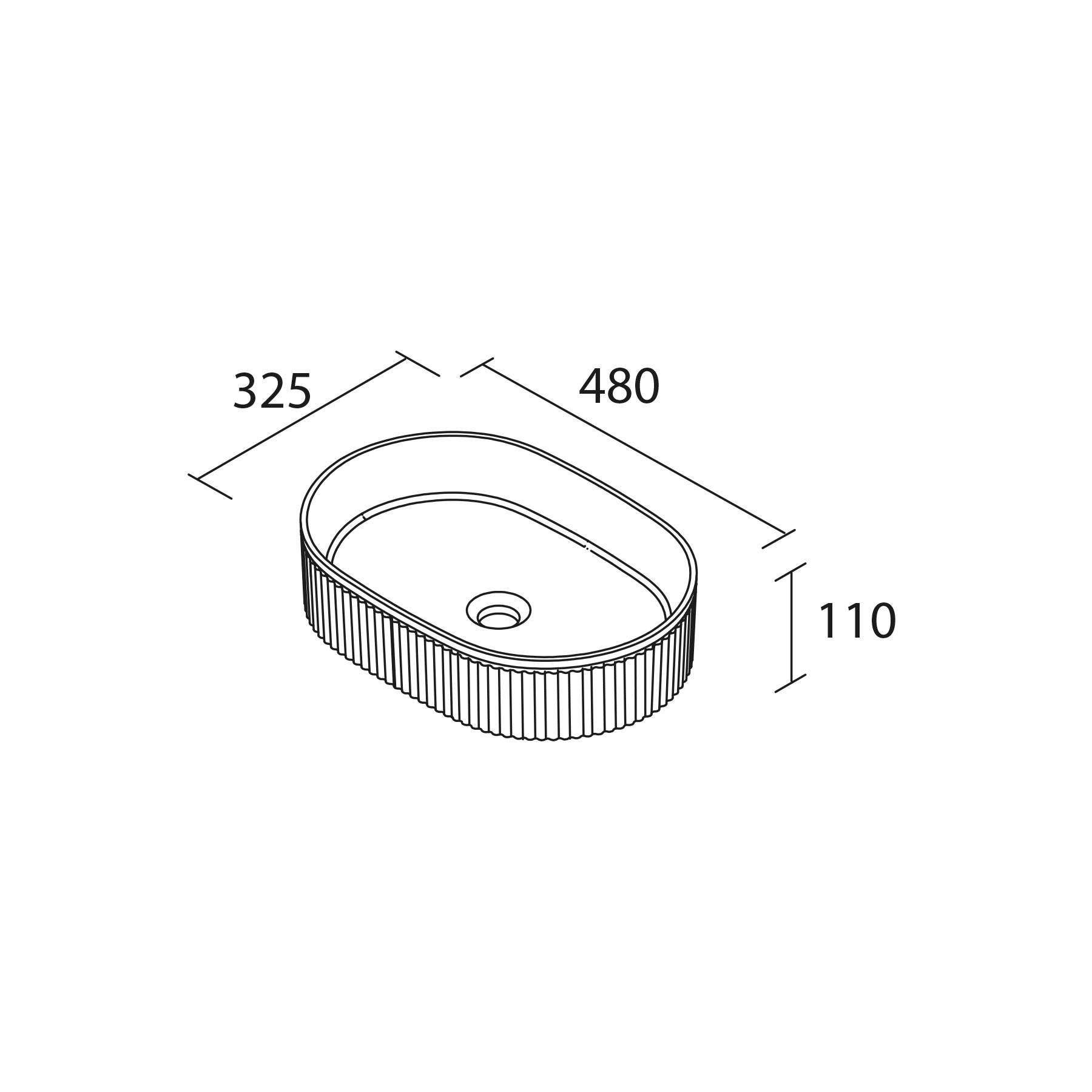 Ovales Waschbecken Abmessungen: 325 mm Breite, 480 mm Länge, 110 mm Tiefe.