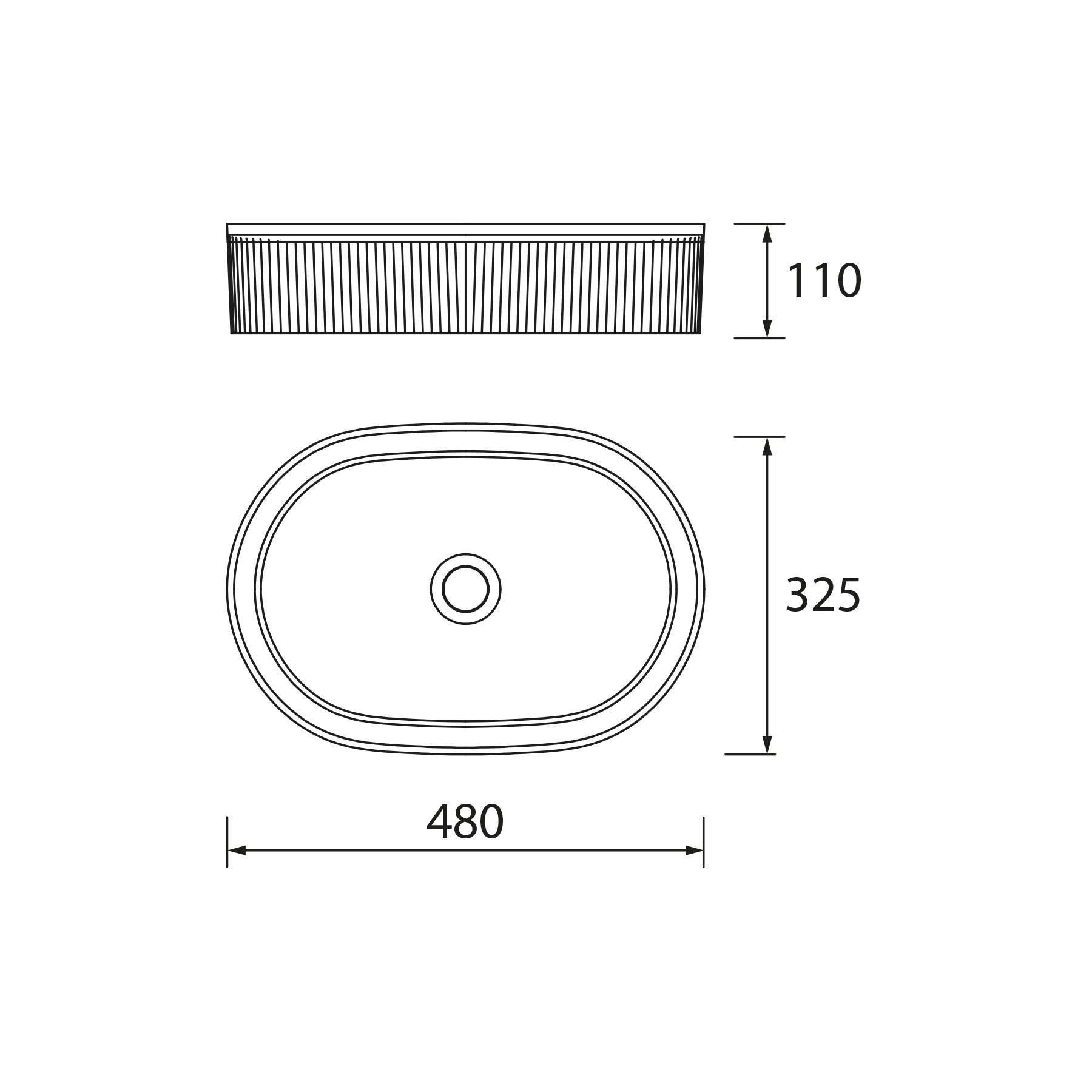 Ovale Waschbeckenabmessungen: 480 mm Breite, 325 mm Länge, 110 mm Höhe. Ansicht von oben und der Seite dargestellt.