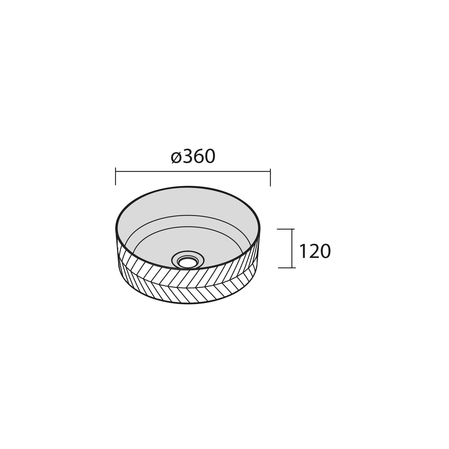 Rundes Waschbecken mit einem Muster an der Seite. Durchmesser: 360 mm. Höhe: 120 mm.