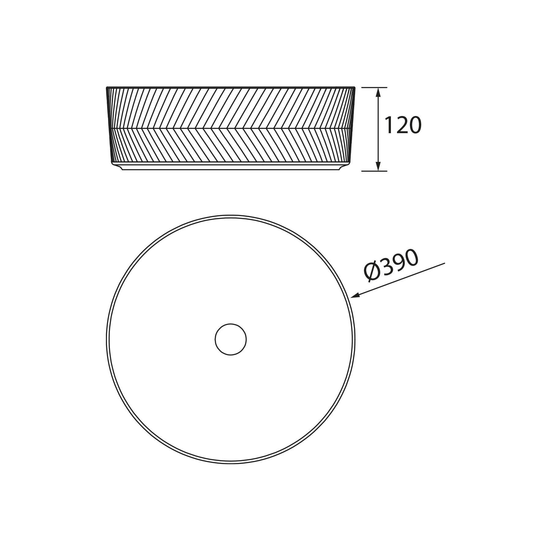Ober- und Seitenansichten eines kreisförmigen Objekts mit einem Durchmesser von 390 mm und einer Höhe von 120 mm mit strukturiertem Muster an der Seite.