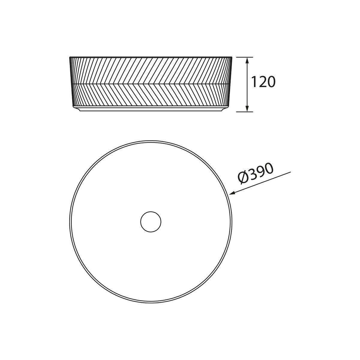 Technische Zeichnung eines zylindrischen Bauteils: Die Seitenansicht zeigt eine Höhe von 120 mm, die Draufsicht zeigt einen Durchmesser von 390 mm mit einem Mittelloch.