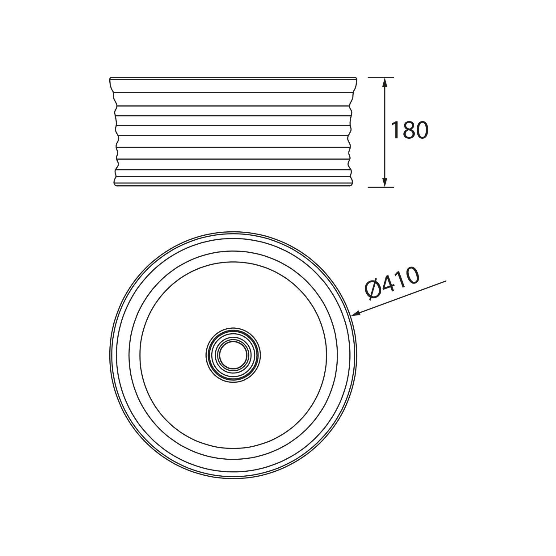 Technische Zeichnung eines zylindrischen Objekts, 180 mm in der Höhe und 410 mm im Durchmesser, mit Draufsicht und Seitenansicht.