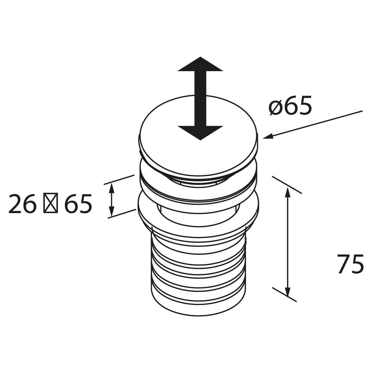 Technische Zeichnung eines zylindrischen Teils mit einem nach oben zeigenden Pfeil zur Angabe der Höhe; beschriftete Abmessungen umfassen ø65, 75 und 26×65.