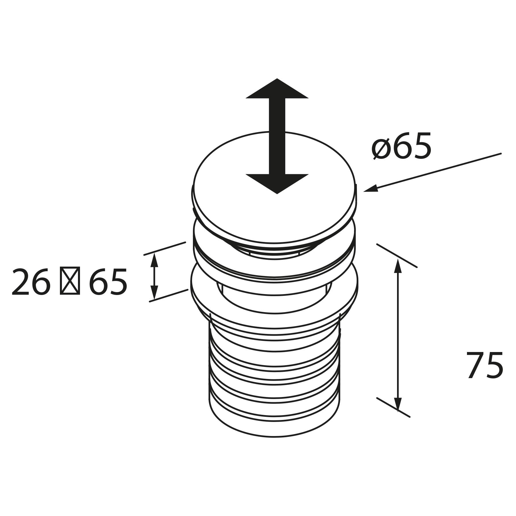 Eine Linienzeichnung eines zylindrischen Objekts mit Abmessungen: 65 mm Durchmesser, 75 mm Höhe. Schwarze Pfeile zeigen Bewegungen nach oben und unten an.