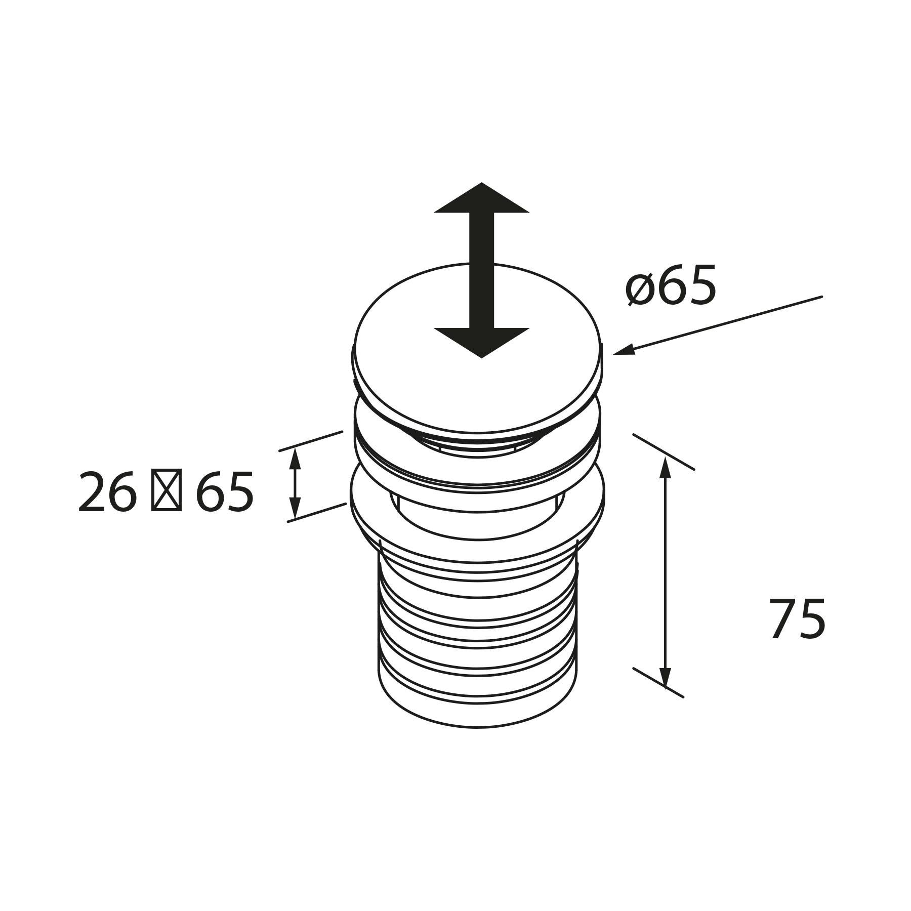 Eine technische Zeichnung, die ein zylindrisches Objekt mit den Maßen zeigt: Höhe 75 mm, Durchmesser 65 mm und eine obere Abschnittshöhe von 26 mm. Ein Pfeil deutet auf eine Aufwärtsbewegung hin.