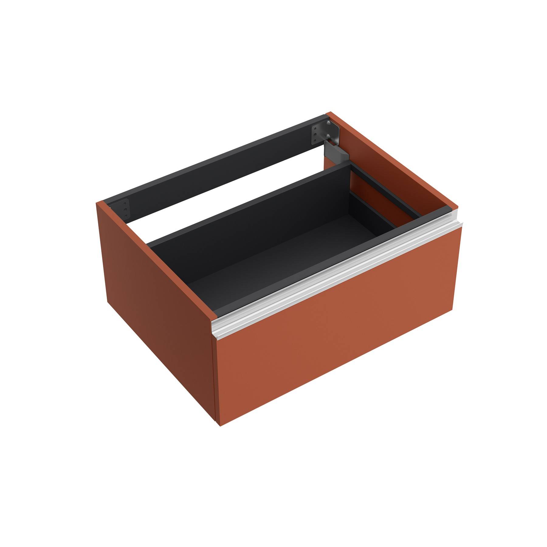 Eine einzelne, offene orangefarbene Schublade, die den dunklen Innenraum zeigt, leicht nach links gerichtet, ohne sichtbare Inhalte.