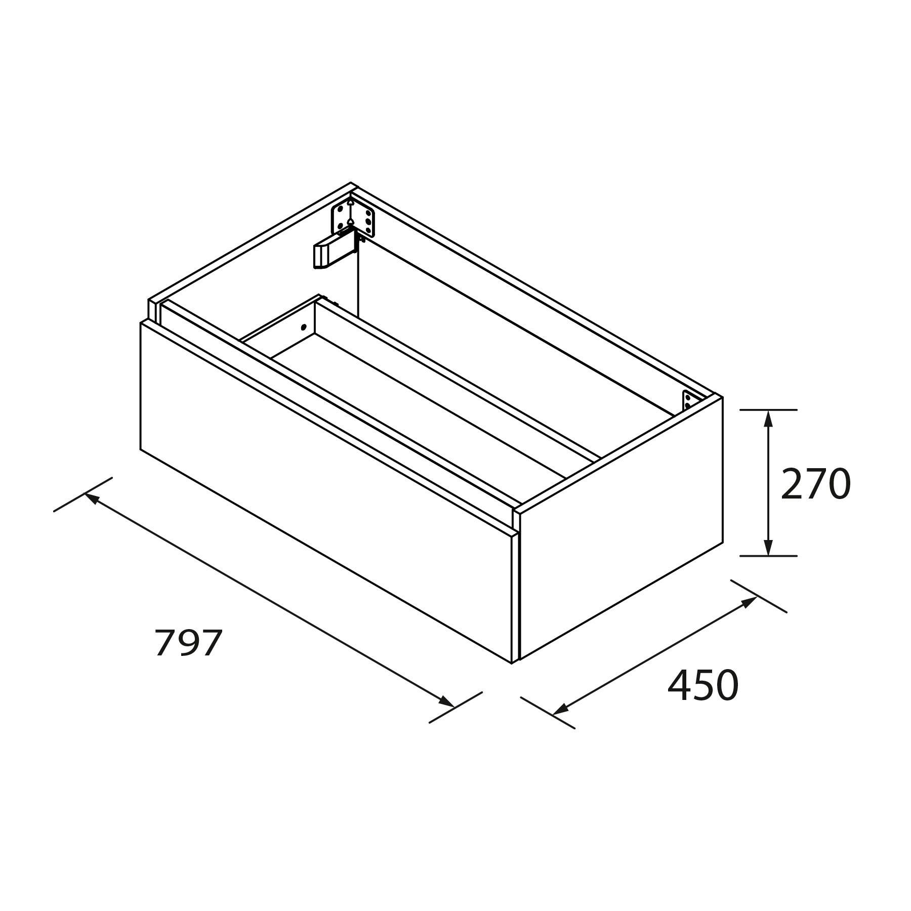 Rechteckige Box-Skizze mit Abmessungen: 797x450x270.