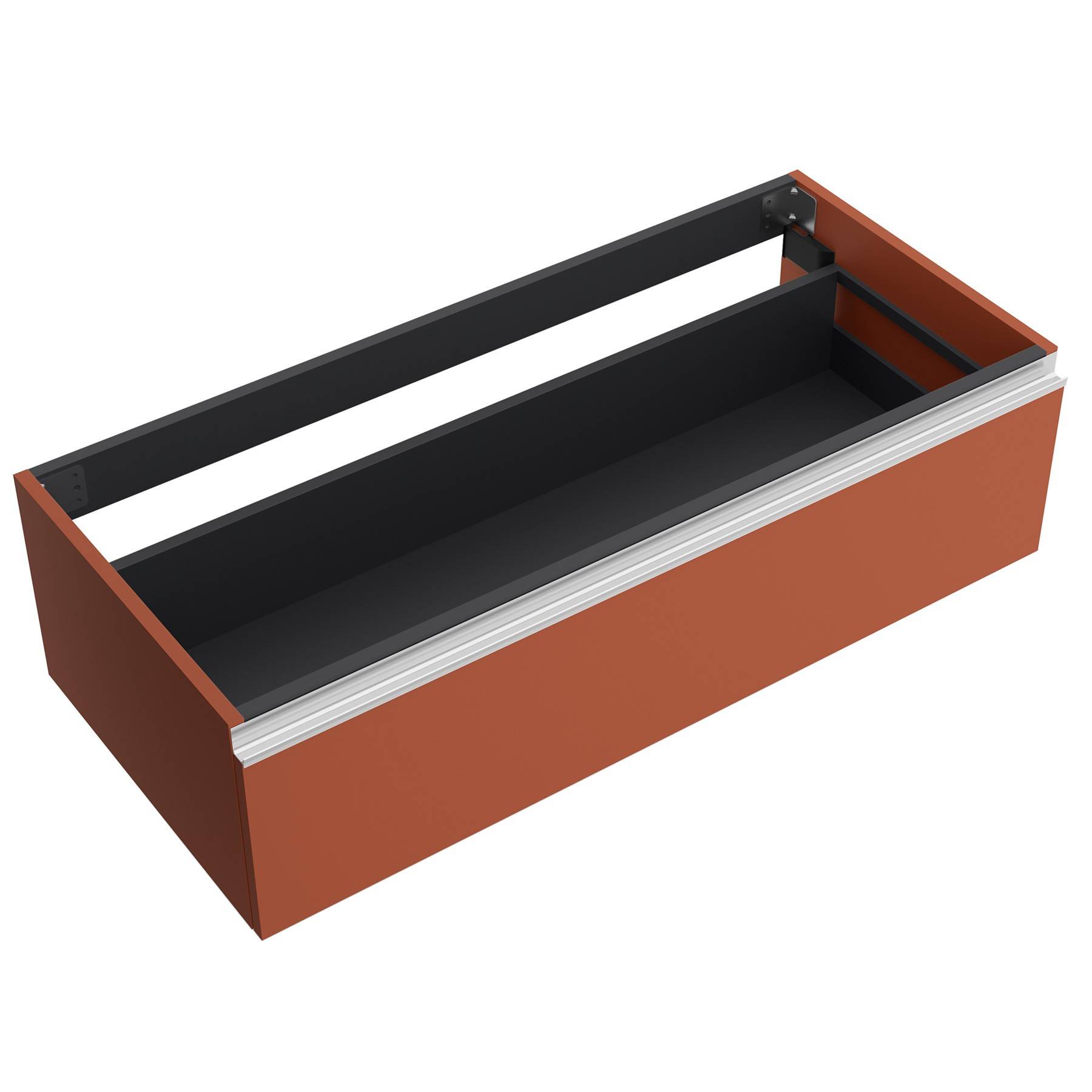 Eine rechteckige, offene, leere orangefarbene Schublade mit schwarzem Innenraum und silbernem Griff wird aus einem oberen Blickwinkel gezeigt.