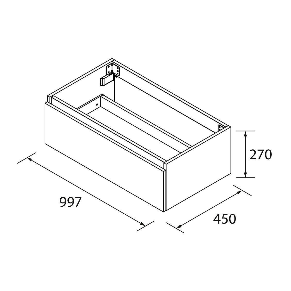 Isometrische technische Zeichnung eines rechteckigen Kastens oder einer Schublade, beschriftet mit 997 lang, 450 breit und 270 hoch.