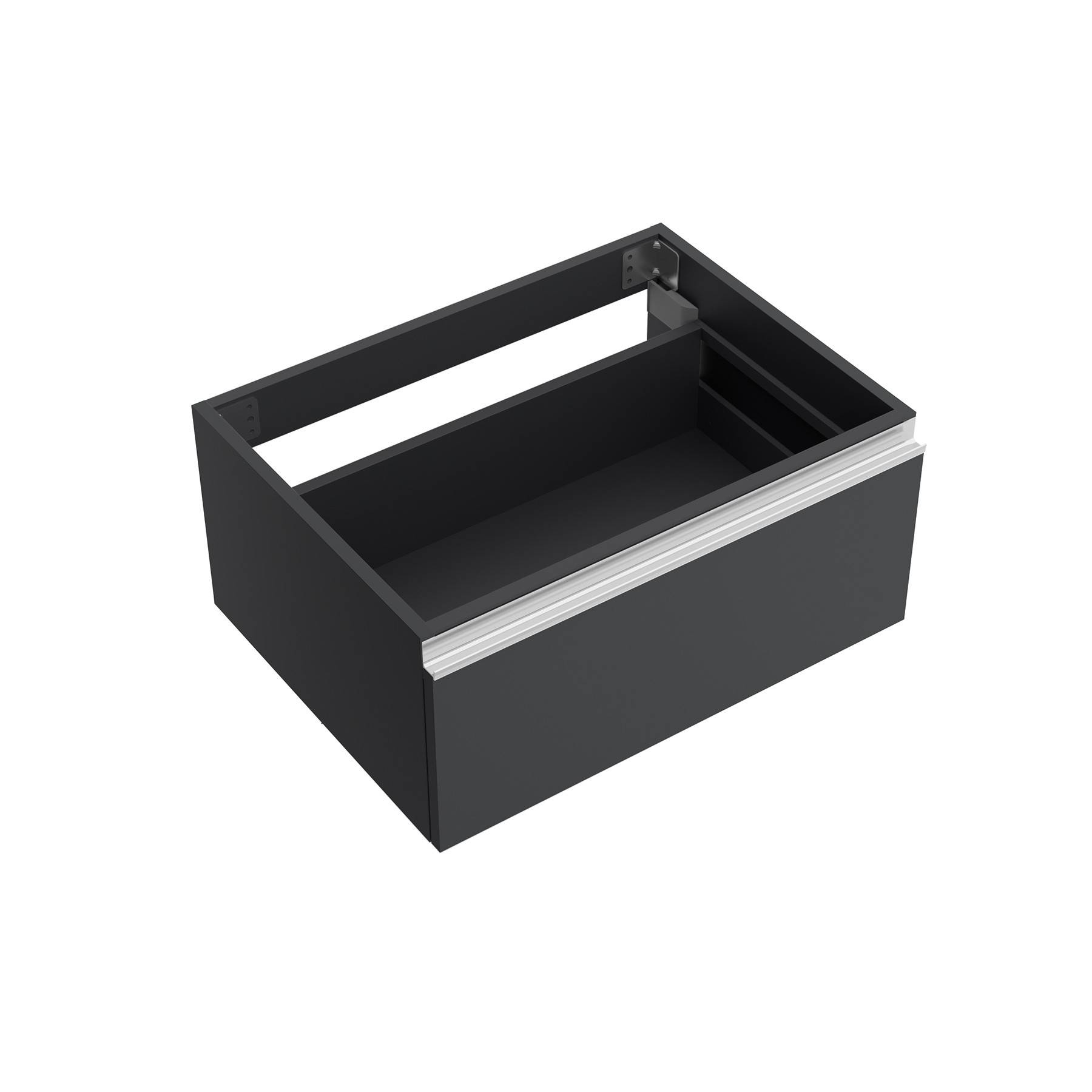 Leere schwarze Schubladenbox mit offener Draufsicht, silberfarbener Griff an der Vorderseite, geeignet für die Integration in einen Schrank oder eine Aufbewahrungseinheit.
