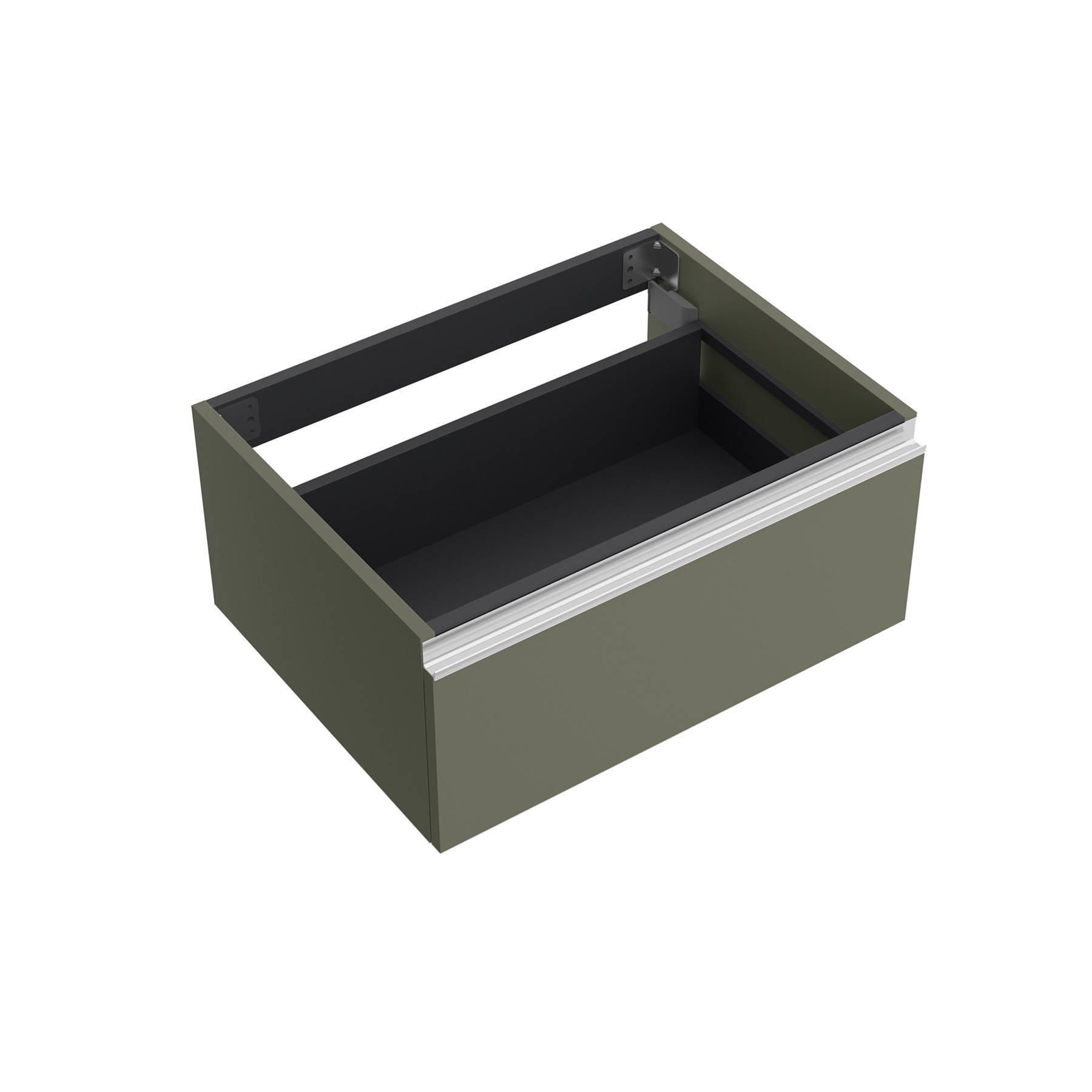 Eine offene, leere, rechteckige grüne Schublade, von oben in einem Winkel betrachtet, die den Innenraum und die Metallschienen an den Seiten zeigt.