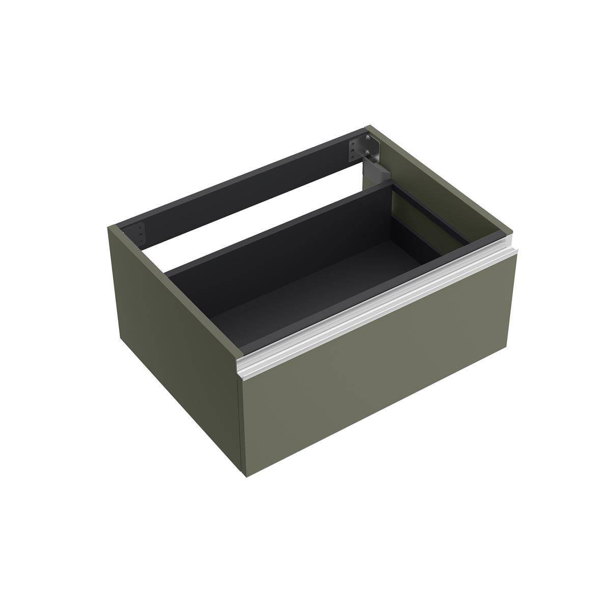 Offene olivgrüne Metallschubladenbox mit schwarzem Innenraum, perspektivisch auf weißem Hintergrund dargestellt.
