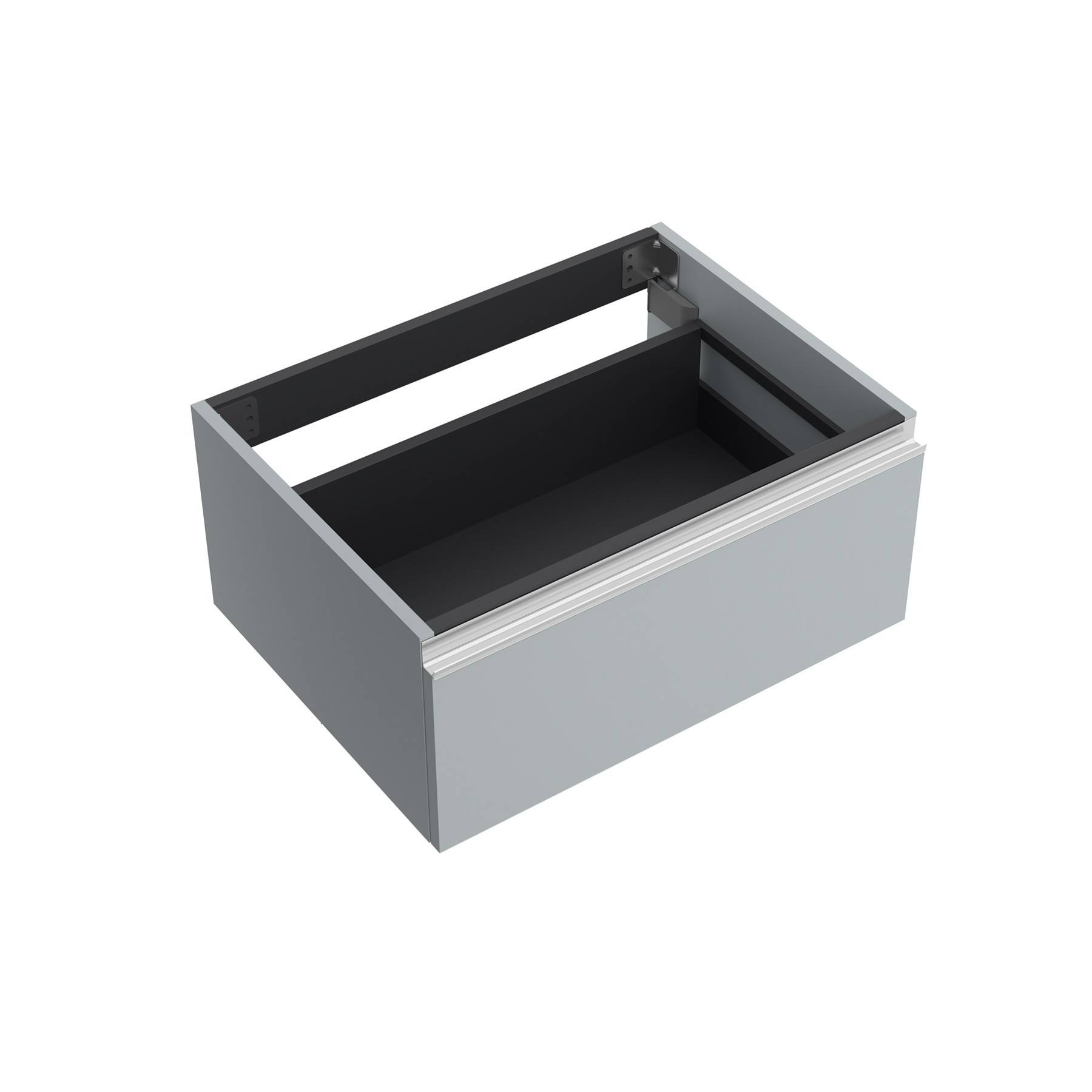 Ein grauer Metallschubkasten mit offener Oberseite, für Einbauschränke konzipiert, der seine innere Struktur und seinen Rahmen vor einem schlichten Hintergrund zeigt.