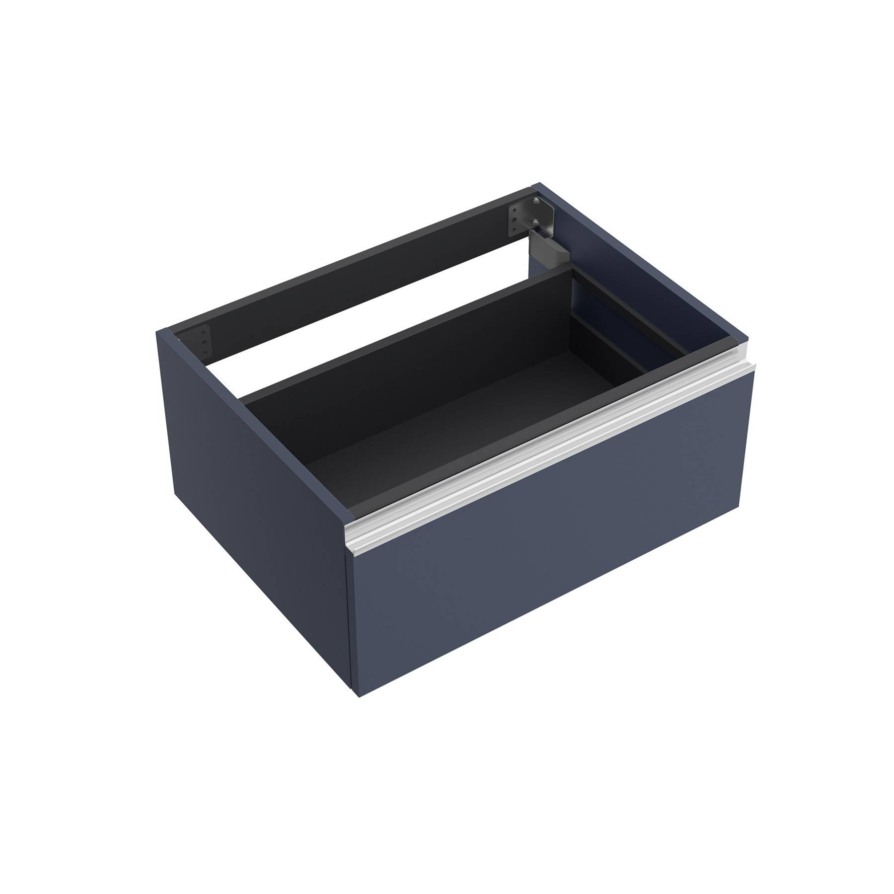 Eine blaue Büroschublade mit einem silbernen Griff, geöffnet und leer, von oben betrachtet.