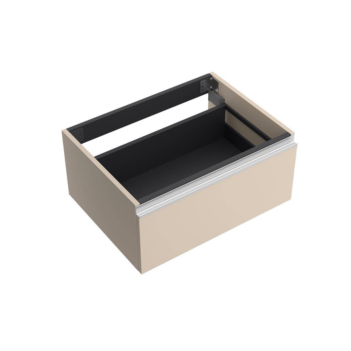 Offene beige Schublade mit schwarzem Innenraum und Metallschienen auf weißem Hintergrund.