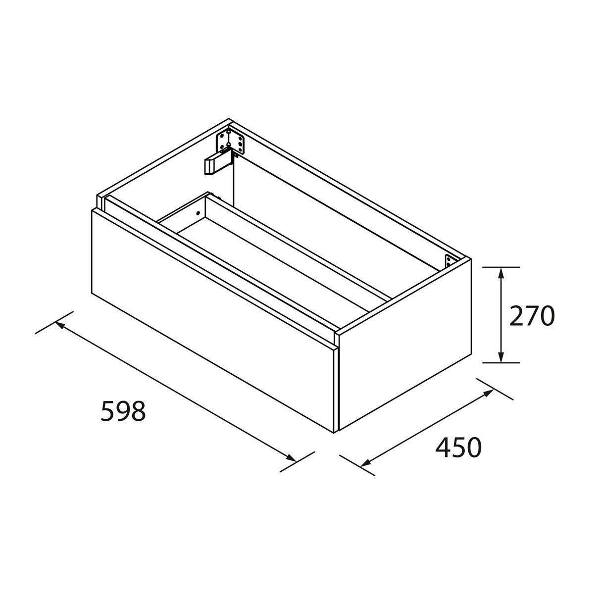 Isometrische technische Zeichnung einer rechteckigen Lagerkiste oder Schublade mit beschrifteten Abmessungen: 598 mm Länge, 450 mm Breite und 270 mm Höhe.