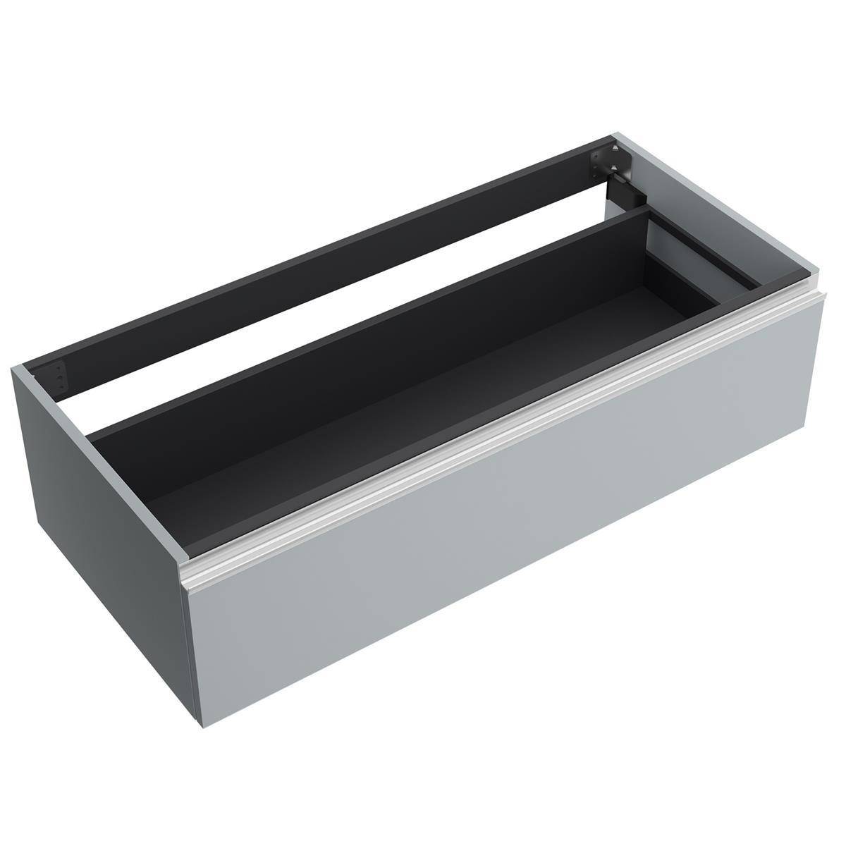 3D-Rendering einer rechteckigen grauen Metalllagerschublade oder -box mit offener Oberseite und schwarzem Innenraum, dargestellt auf weißem Hintergrund.
