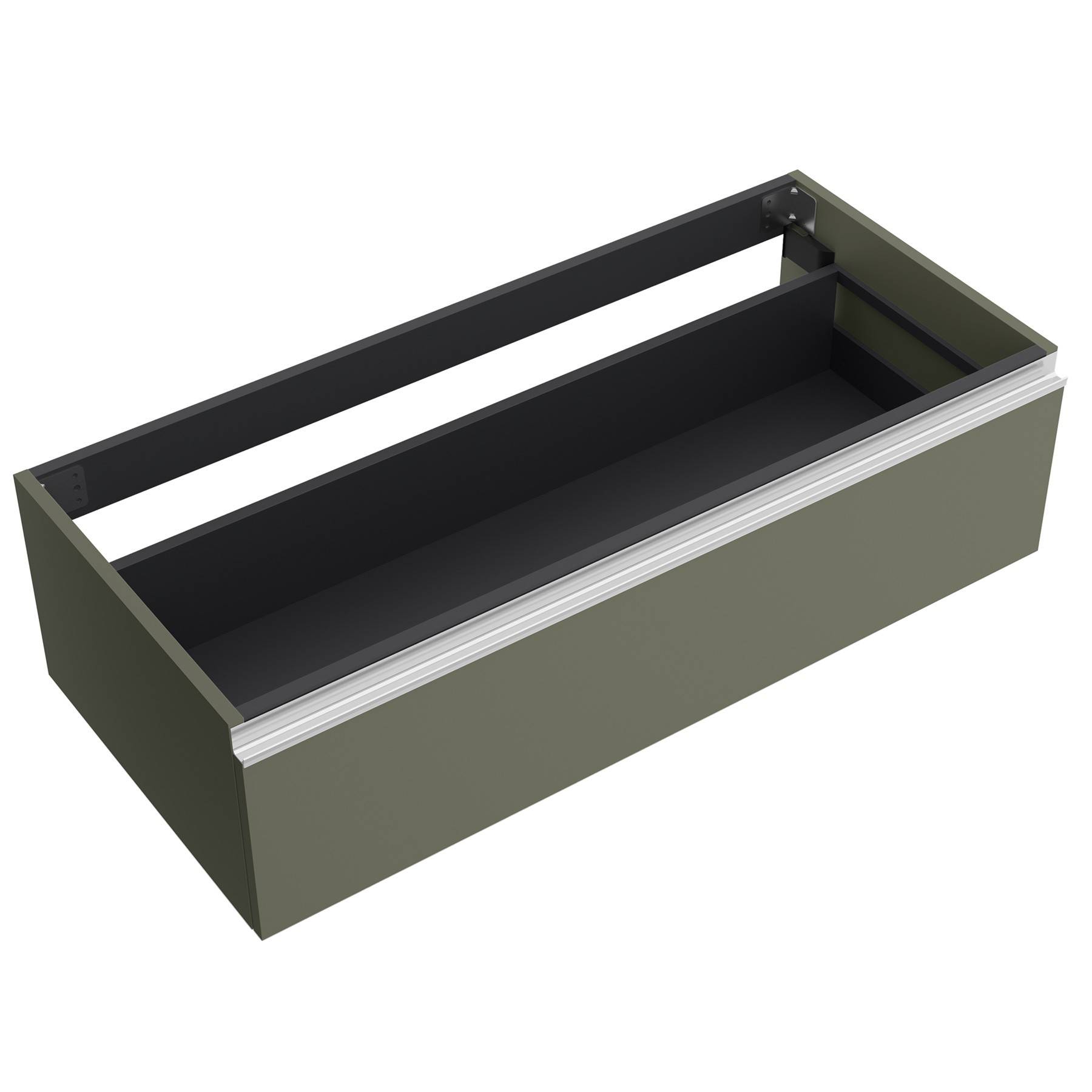 Eine rechteckige, offene Aufbewahrungsbox mit modernem, minimalistischem Design und olivgrüner Außenseite.