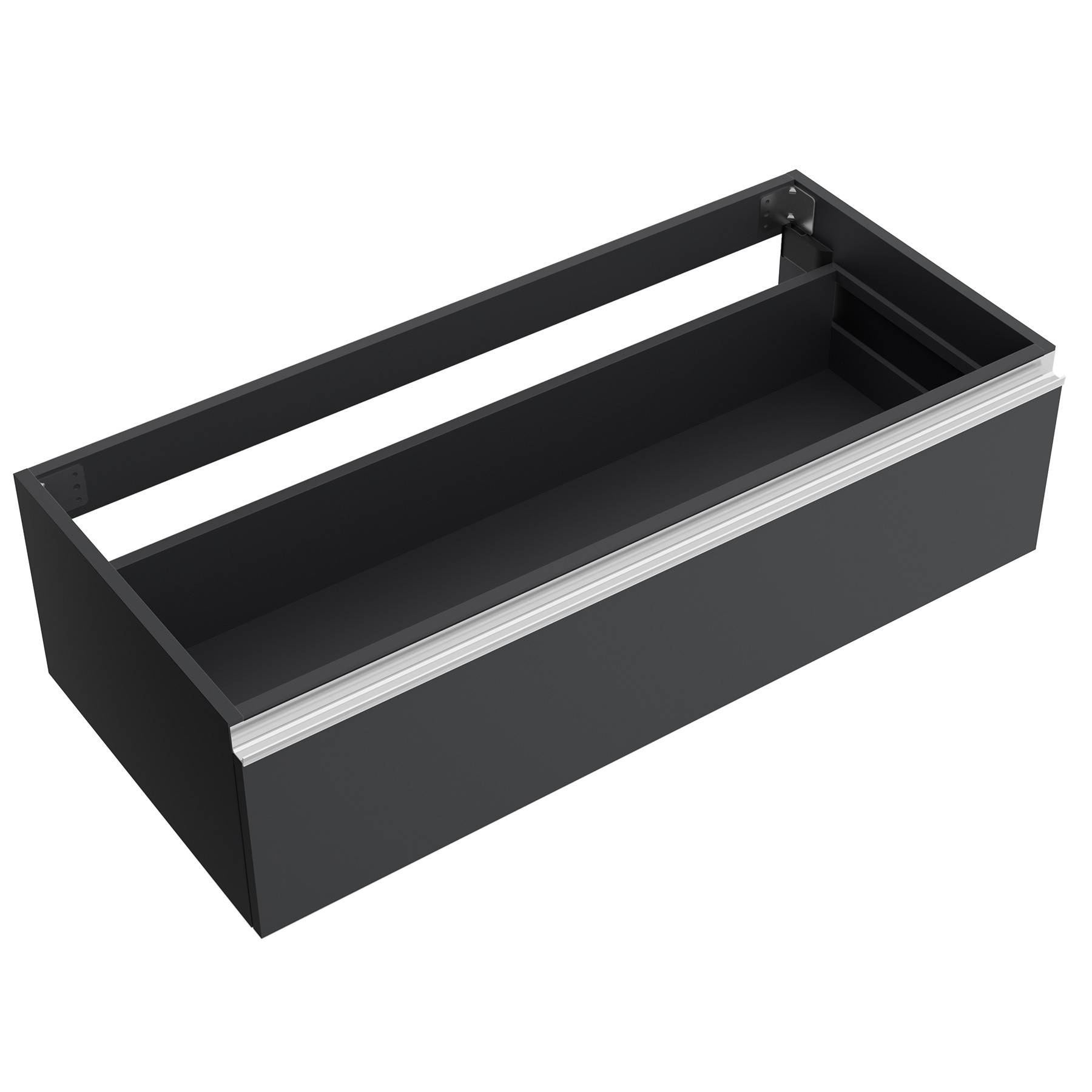 Eine schwarze, rechteckige Metallschublade, geöffnet, mit einem silbernen Griff. Sie zeigt Fächer zur Organisation verschiedener kleiner Gegenstände.