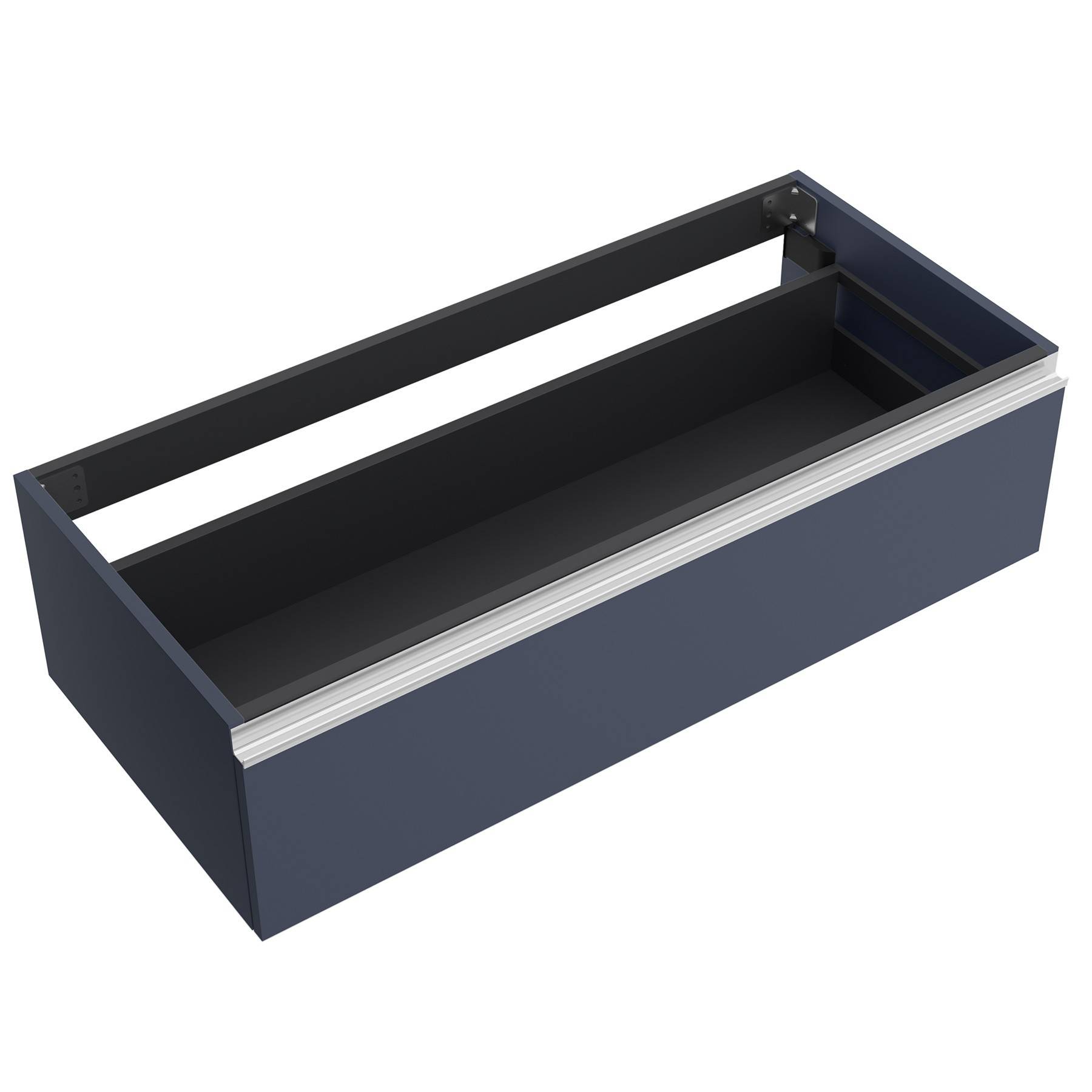 Eine marineblaue rechteckige Schublade mit einem Metallgriff, von oben betrachtet, die ihre Tiefe und ihr leeres Inneres zeigt.