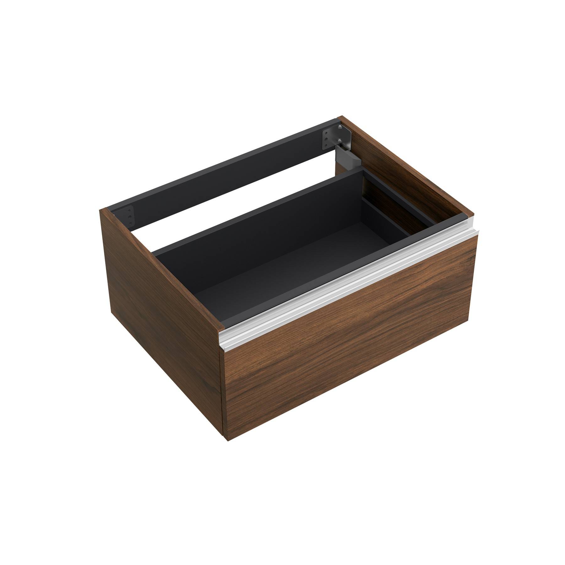 Holzschublade mit Metallinnenleben, teilweise geöffnet auf weißem Hintergrund.