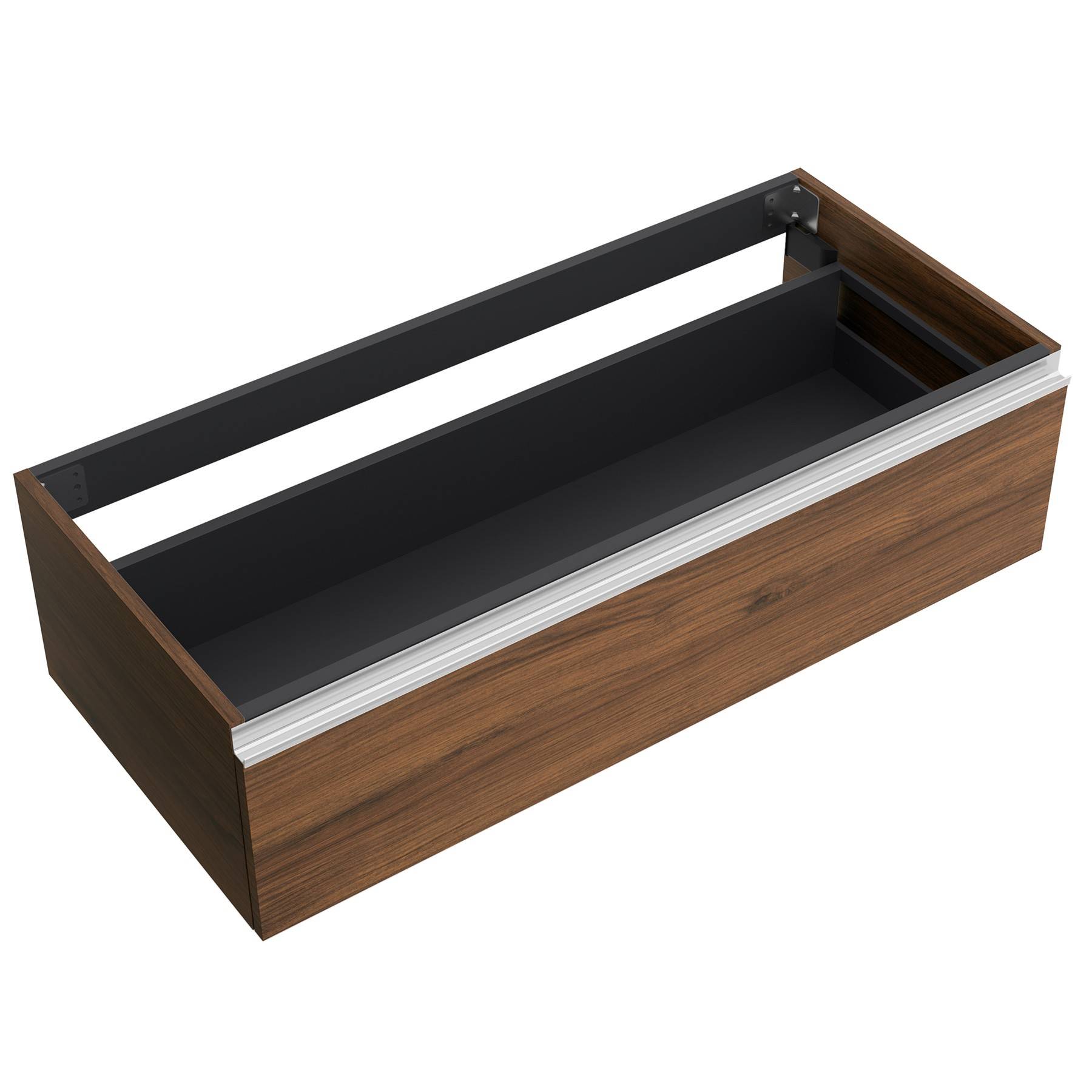 Eine Holzschublade geöffnet, die eine Metallstange und einen leeren Innenraum zeigt. Das Äußere ist aus Holz mit einem Metallelement.