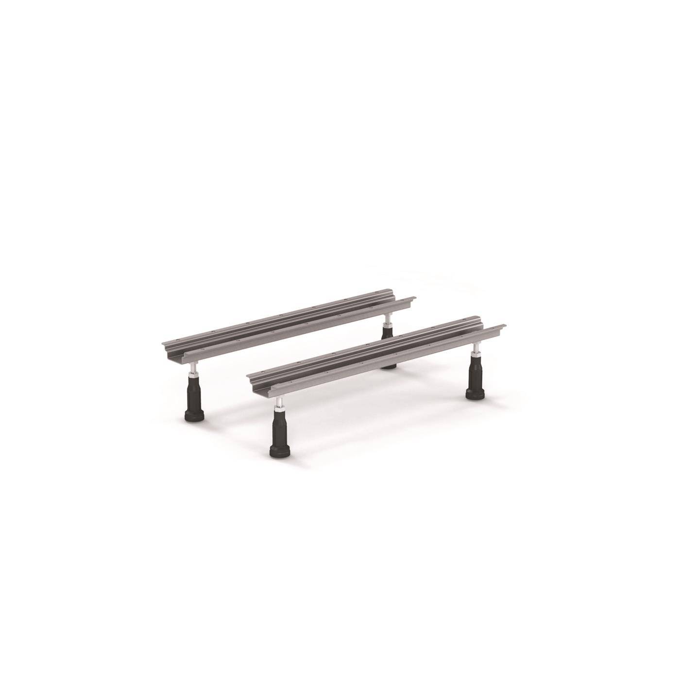 Zwei parallele Metallschienen auf vier schwarzen Stützen, dargestellt als einfaches Produkt auf weißem Hintergrund.