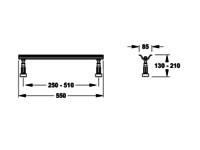 Diagramm zur Darstellung der Maße für die Installation einer Regalhalterung. Länge 550 mm, Höhe einstellbar von 130 bis 210 mm, Breite 85 mm.